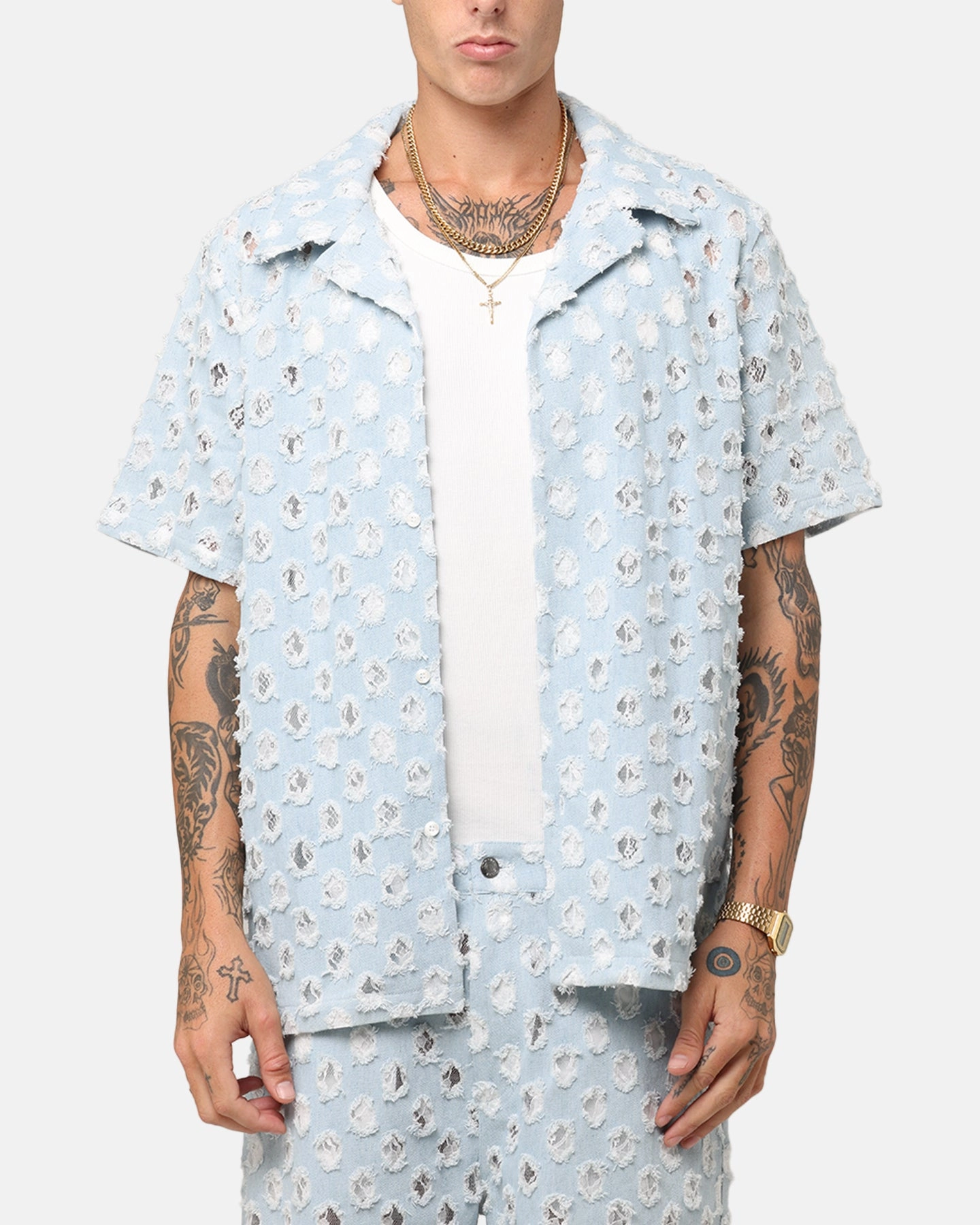 XXIII Lace Textured Denin Button Up Shirt Light Blue Graduation Ceremony Trendsetting Design