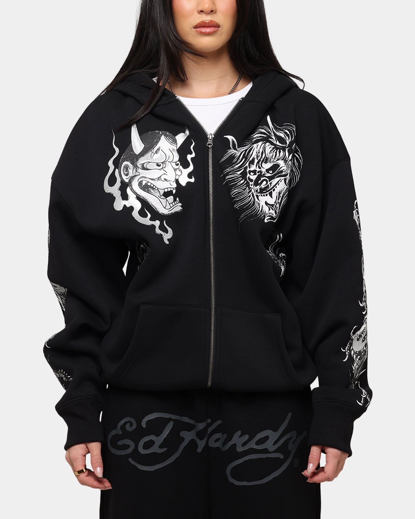 Ed Hardy Floral Zip Hoodie Black Distressed Detailing