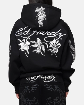 Deer like Ed Hardy Floral Zip Hoodie Black
