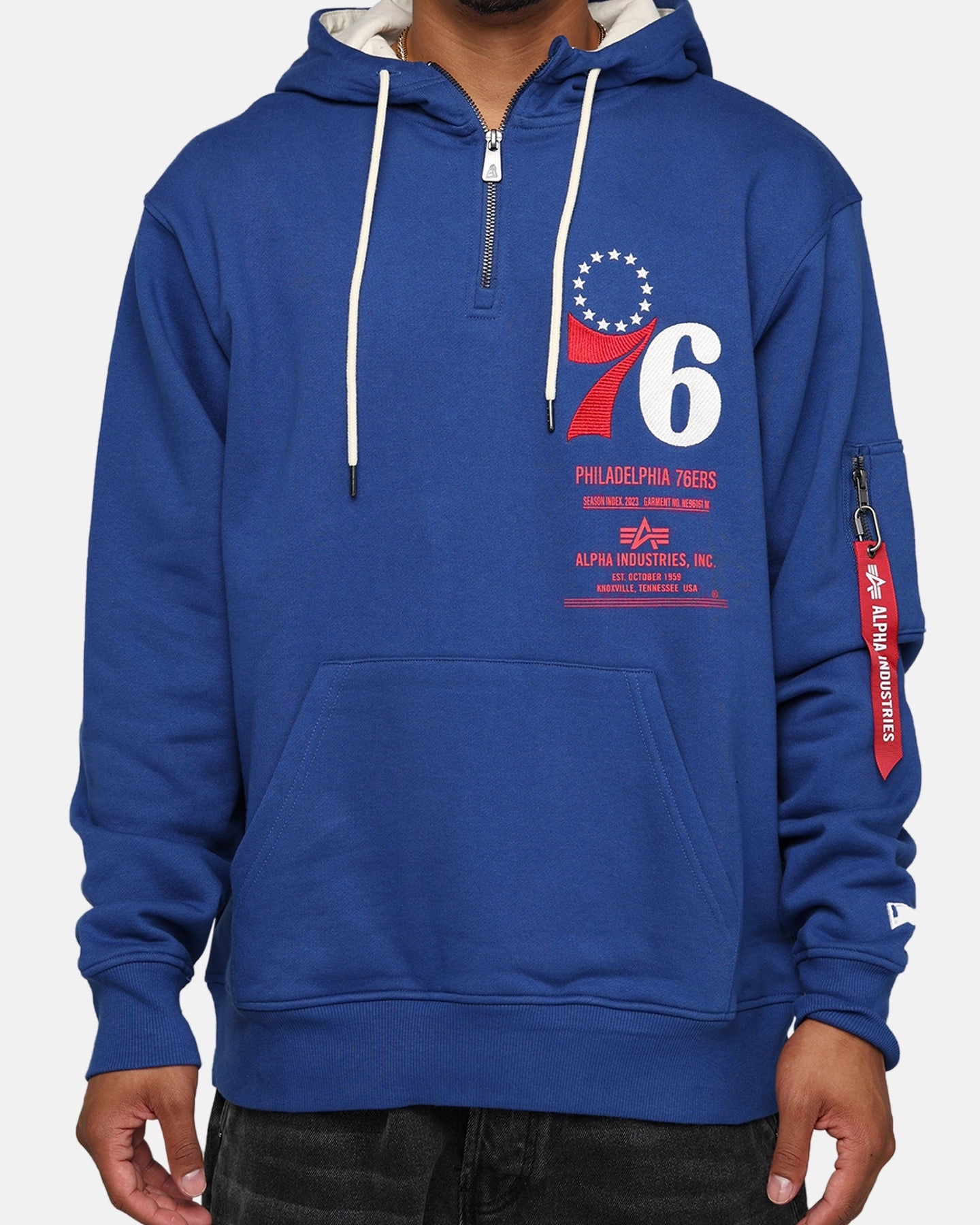 New Year's Eve attire New Era X Alpha Industries Philadelphia 76ers Zipper Hoodie Blue