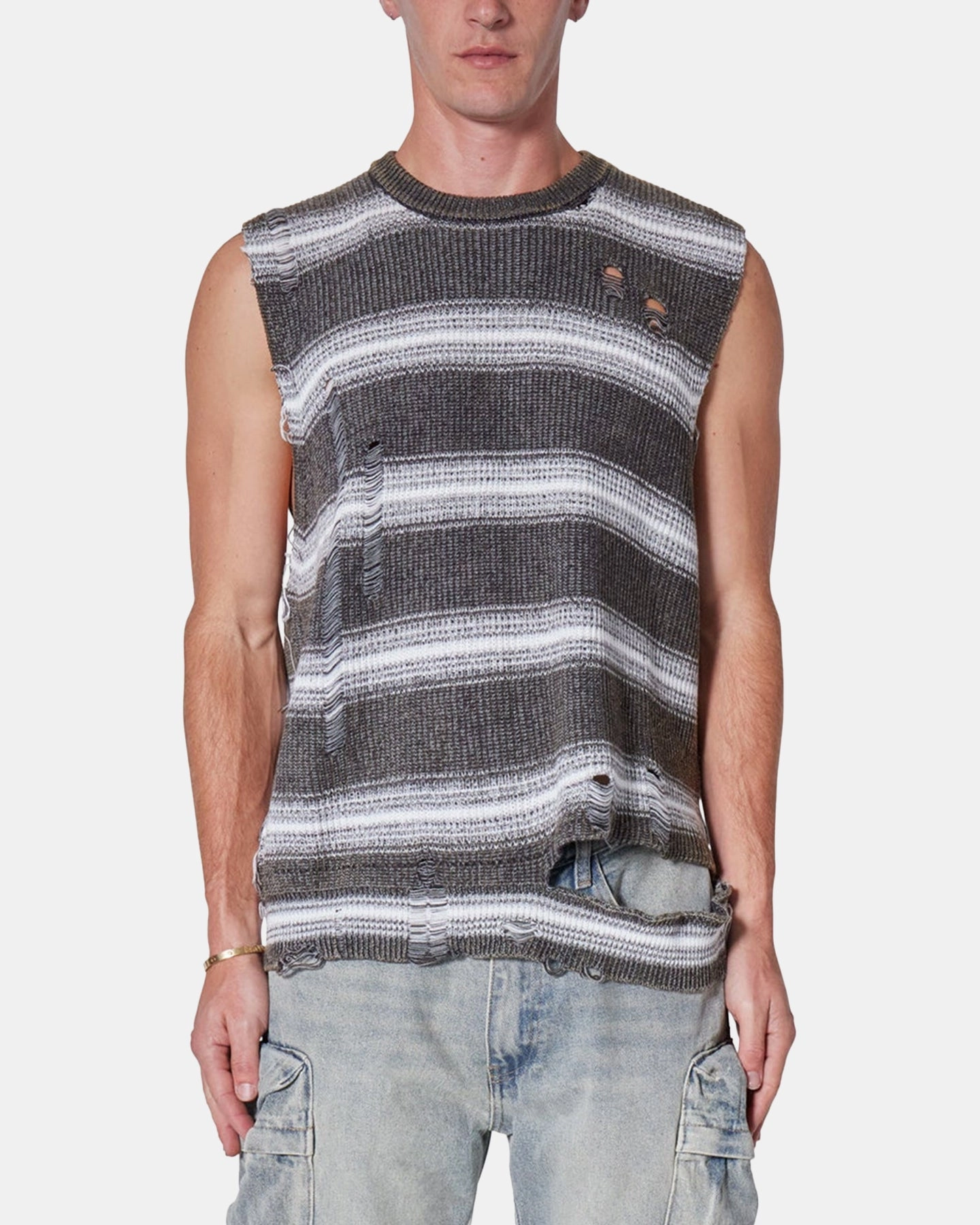 MNML Destroyed Pullover Shirt Black/White Set In Sleeve