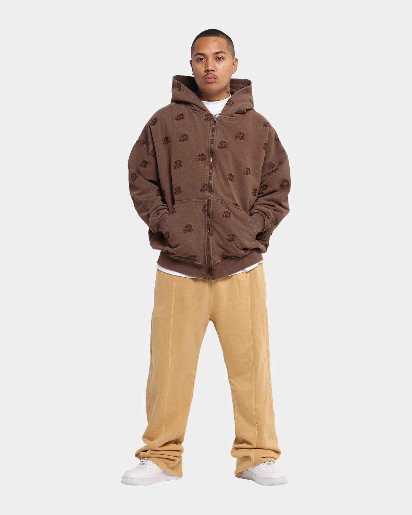 Dreamville Logo All Over Zip Hoodie Brown Non Irritating Seams Breathable mesh lining