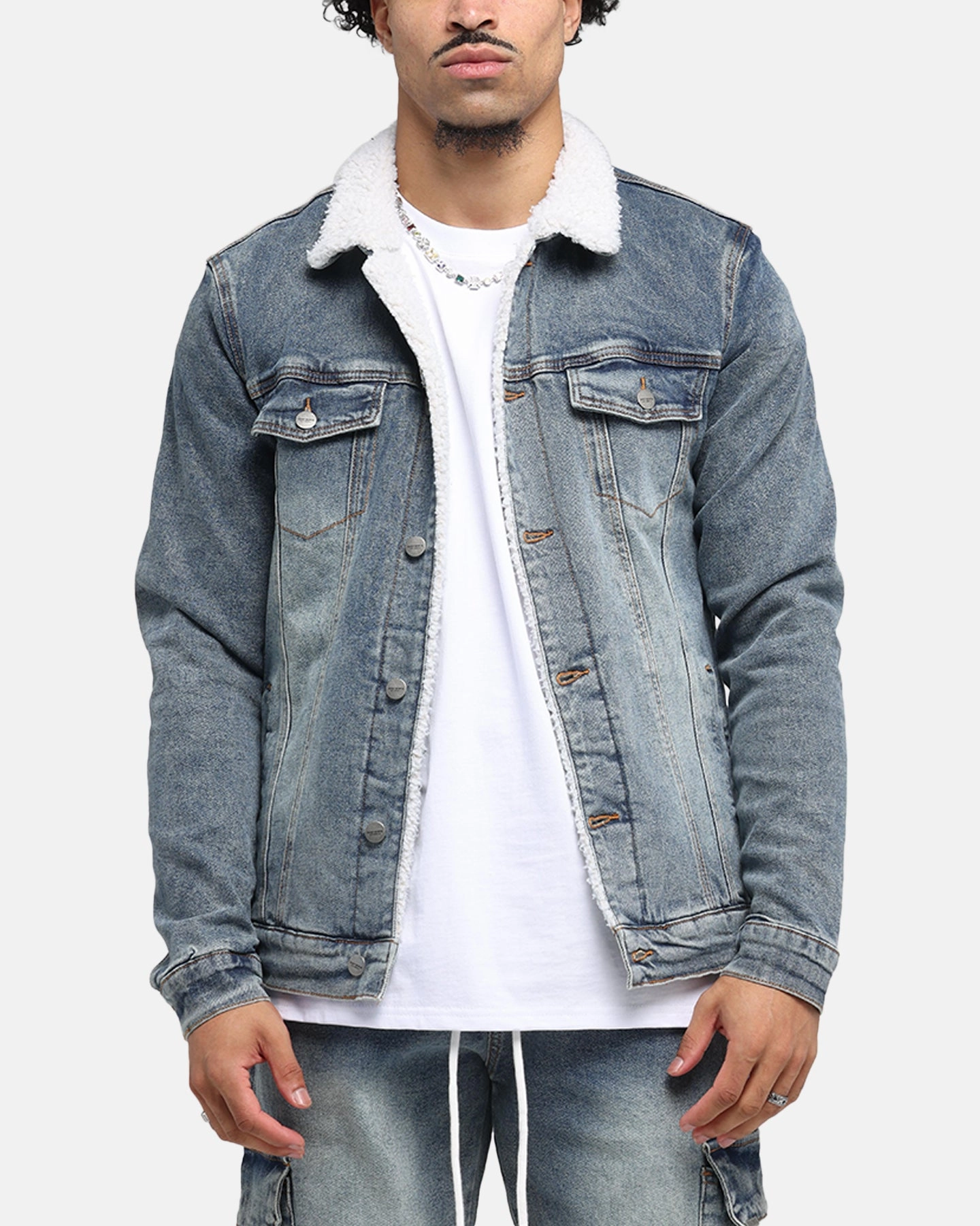 Saint Morta Sherpa Denim Jacket Dirty Denim Compression Strap Adjustment