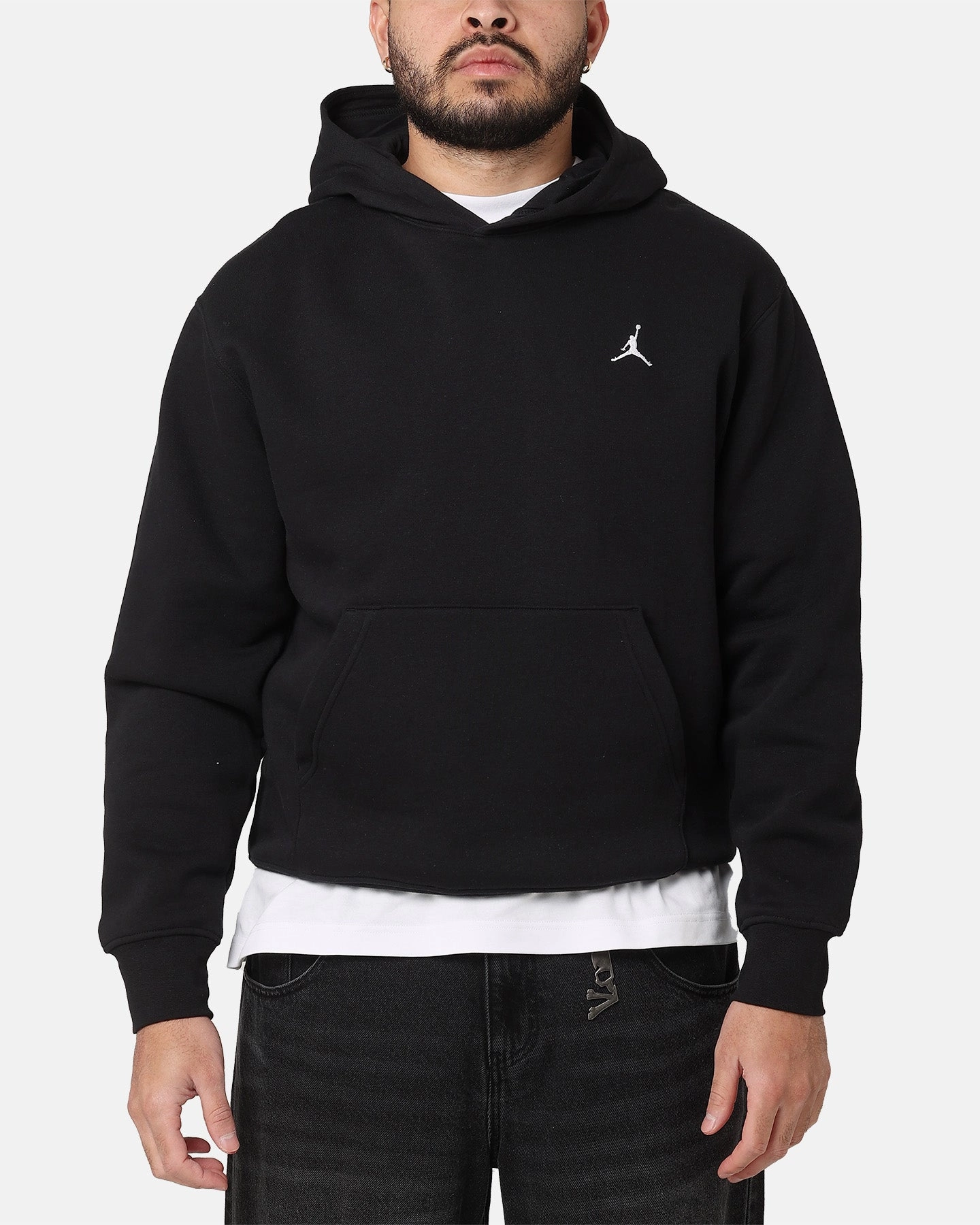 Jordan Brooklyn Fleece Pullover Hoodie Black/White Ribbon Details Adjustable Drawstring Hood