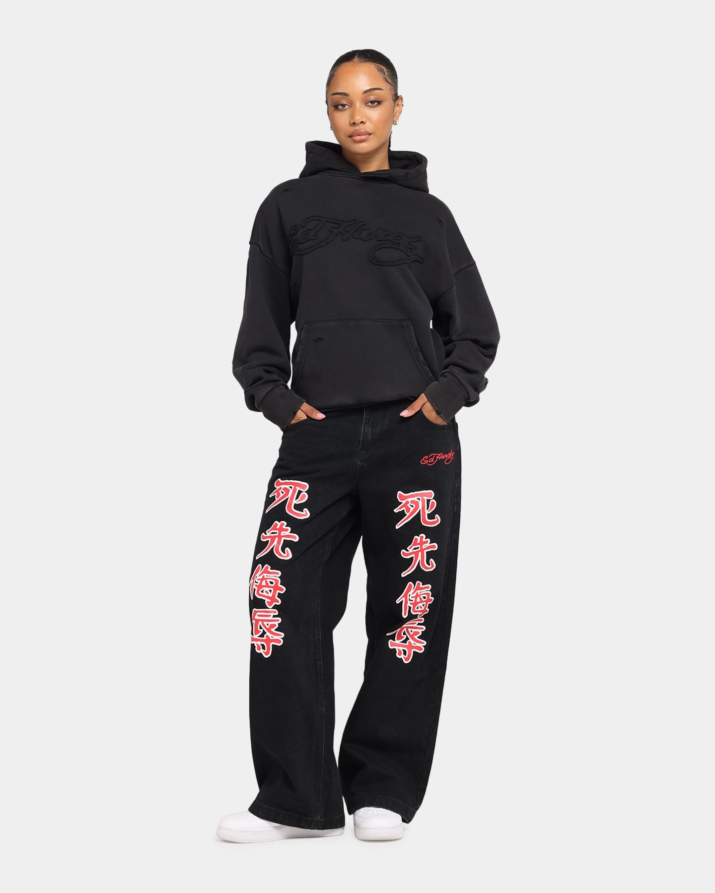 Walrus like Mainstream fashion Ed Hardy Distressed Hoodie Washed Black