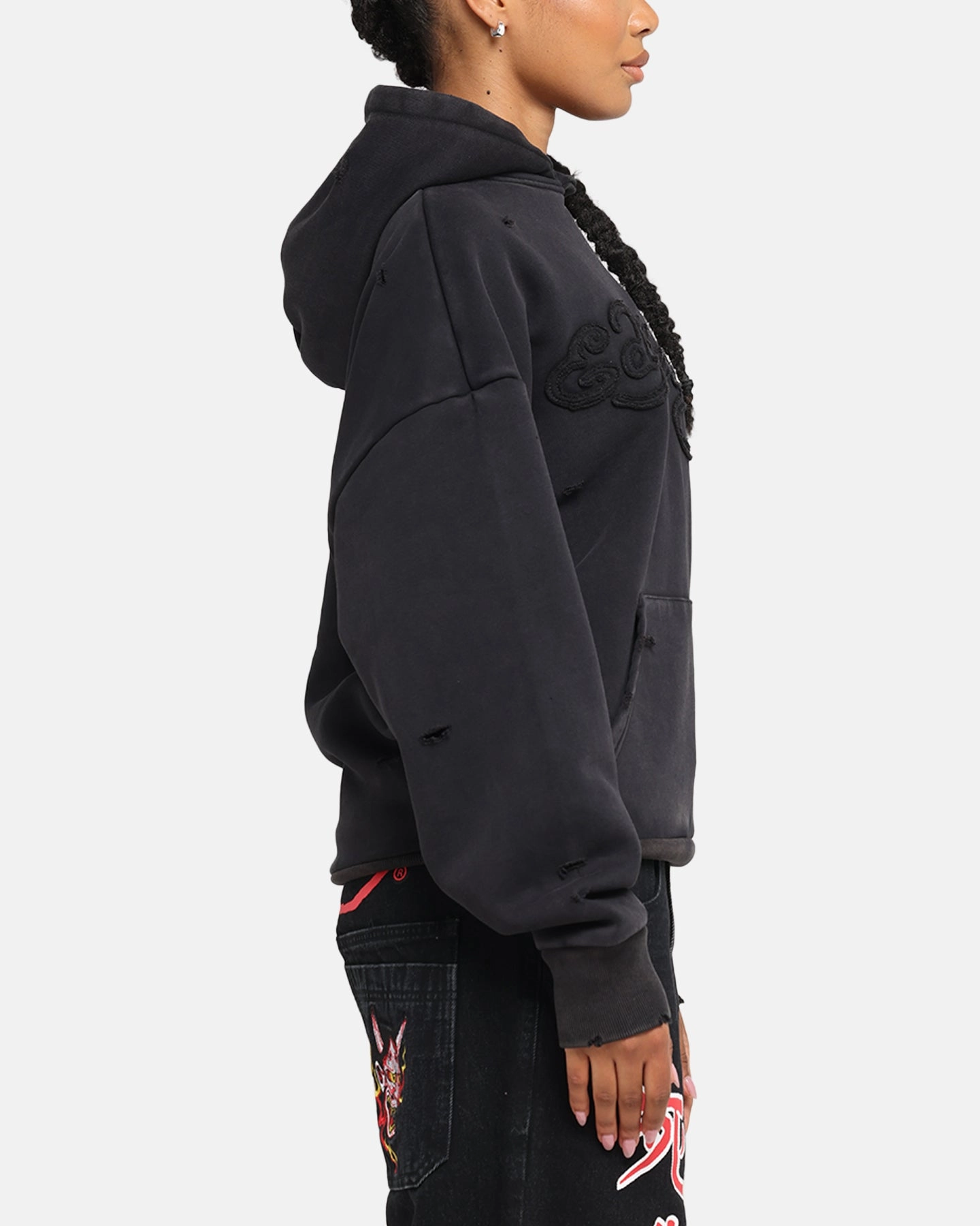 Ed Hardy Distressed Hoodie Washed Black Tailored Fit