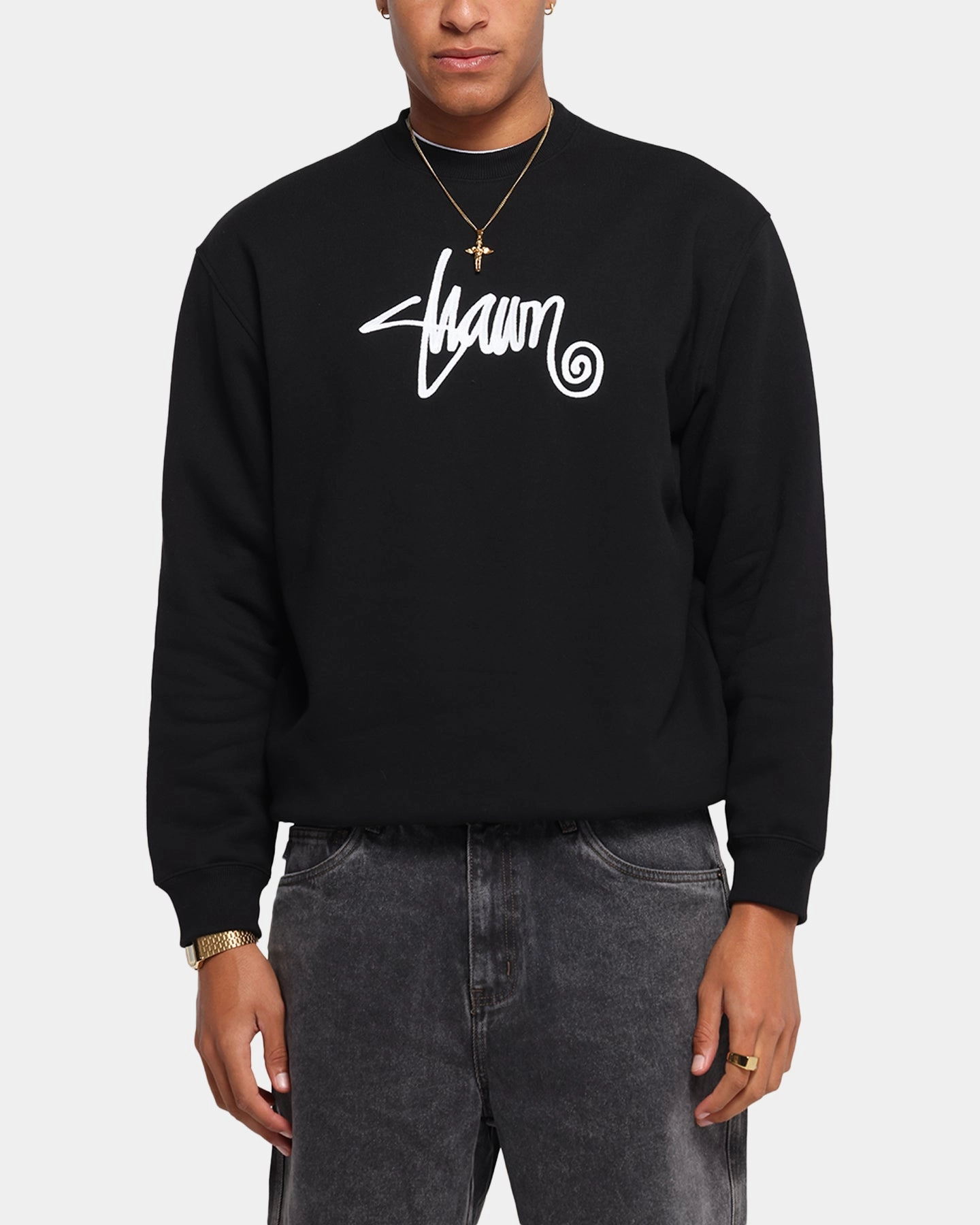 S Double Shawn Script Crewneck Black Essential Knitwear Breathable Design