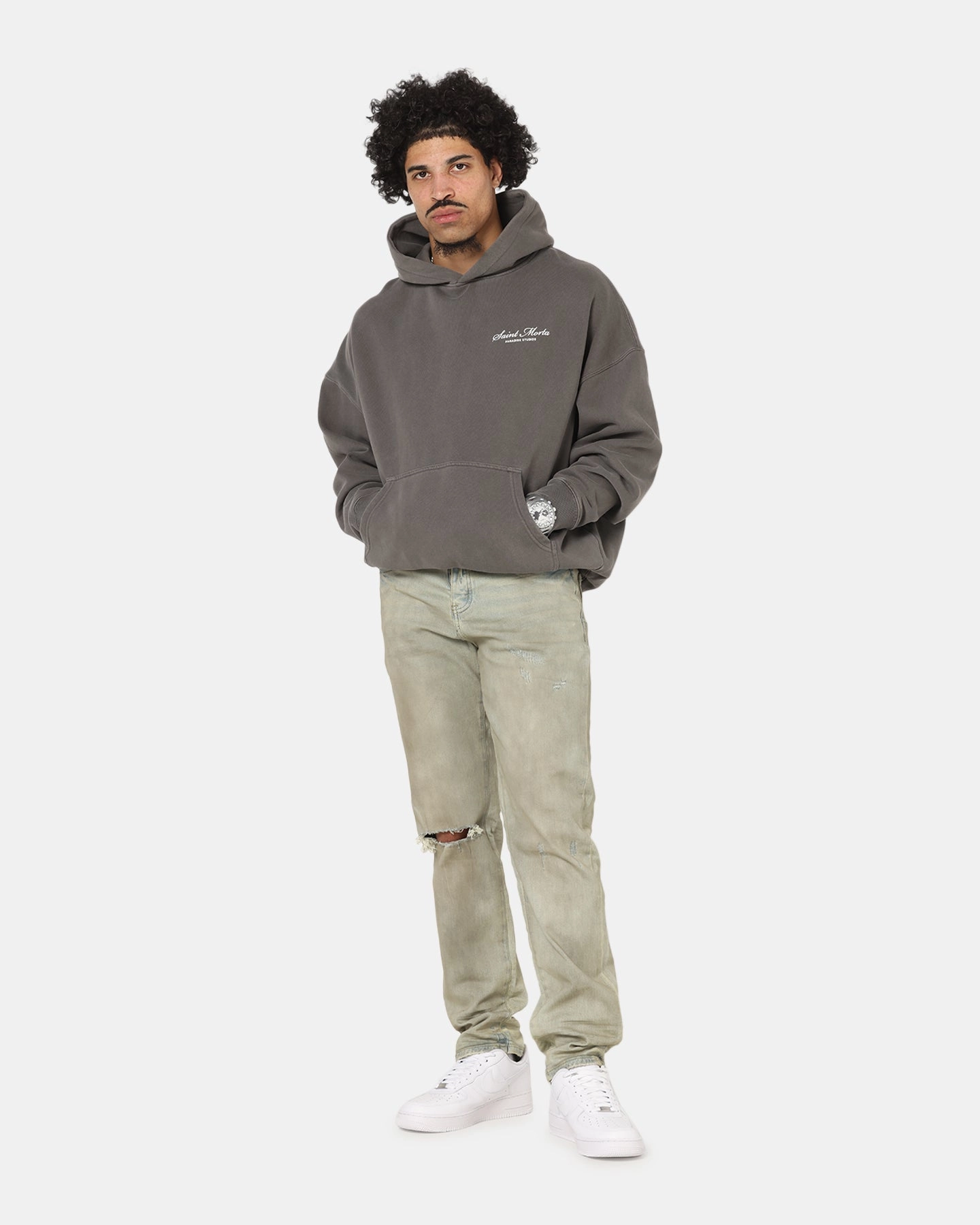 Shape Retention Saint Morta Studios Logo Boxy Hoodie Washed Black