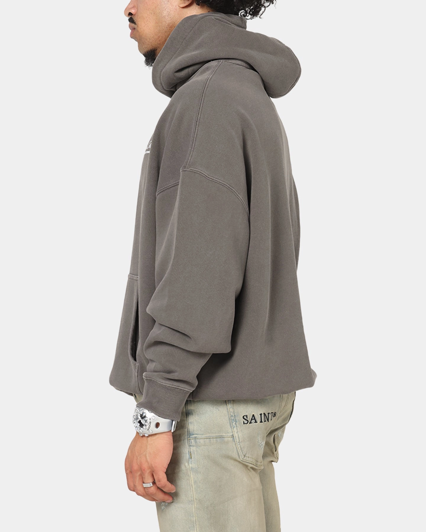 Saint Morta Studios Logo Boxy Hoodie Washed Black Raw Hem Detail Organza details