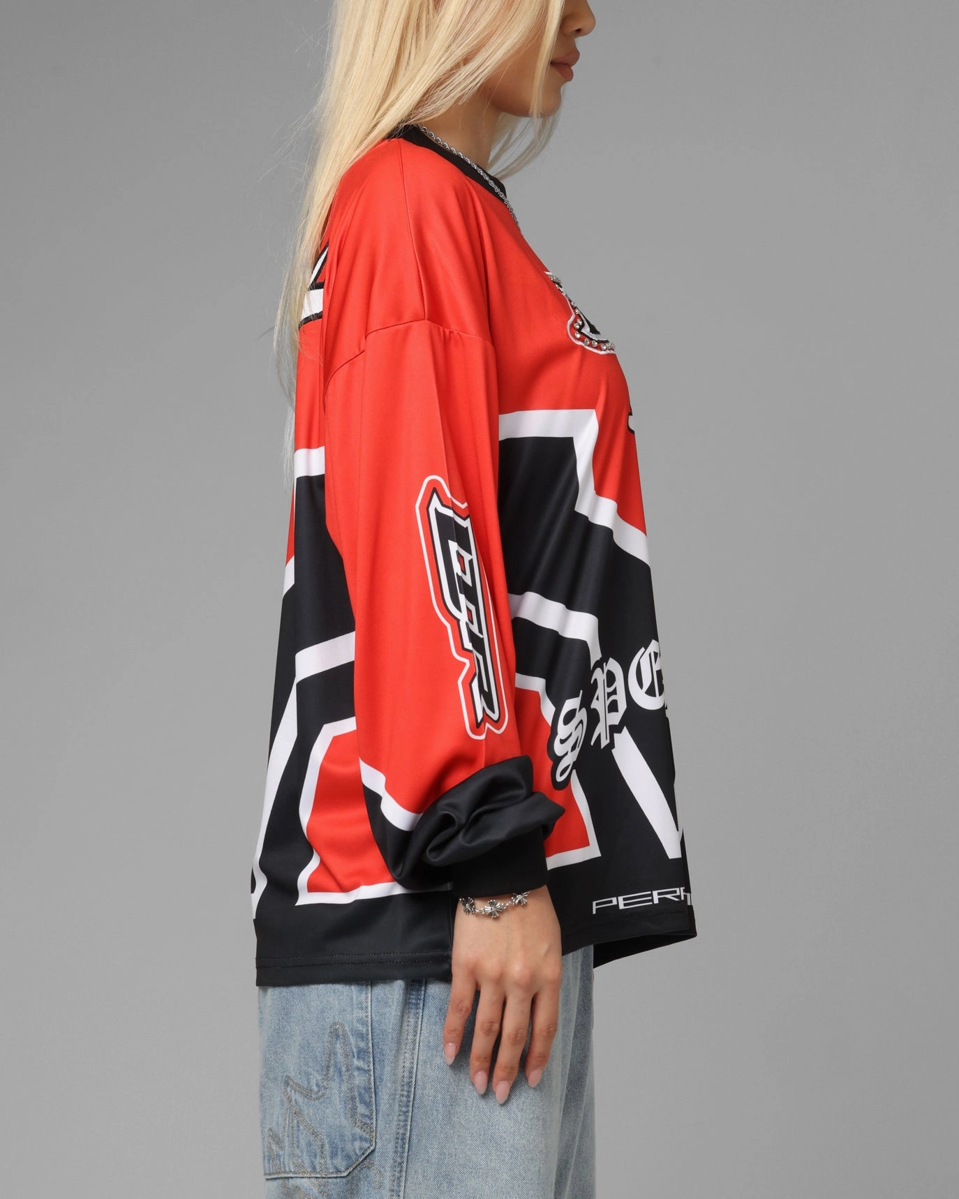 Loiter Thrill Racing Long Sleeve T-Shirt Red Athletic Wear petite size