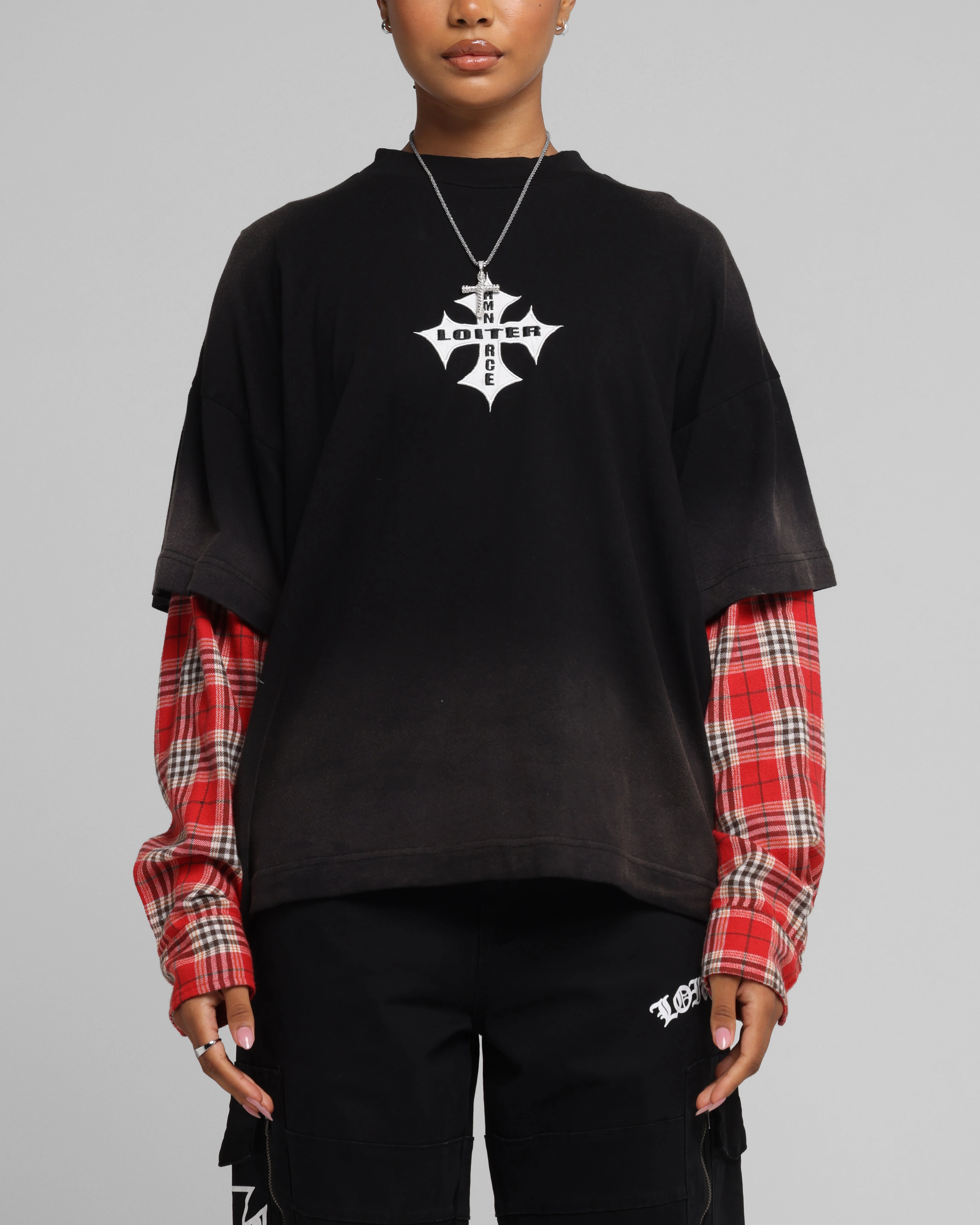 Loiter Layered Flannel T-Shirt Black/Red Soft Wearable