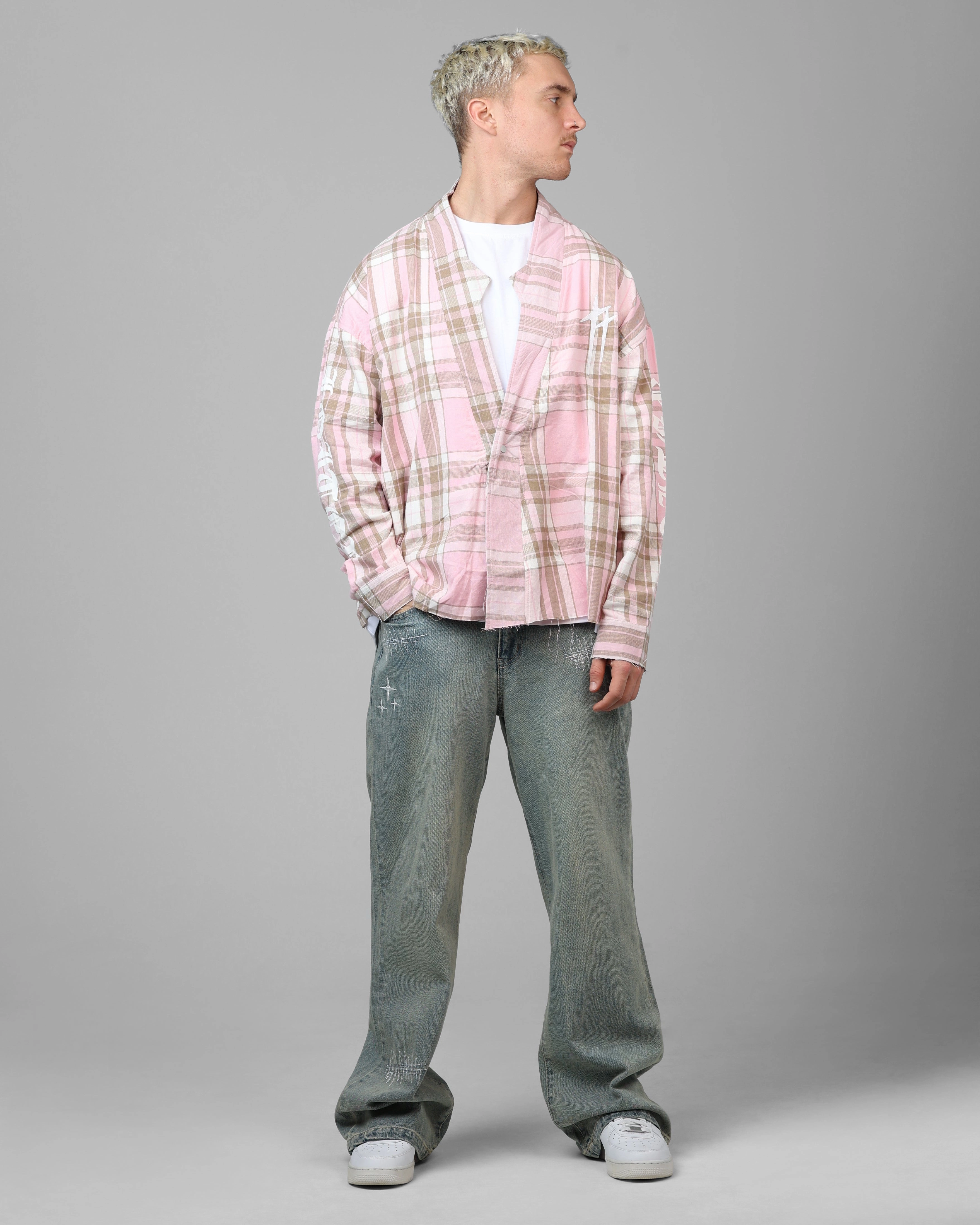 Loiter Kimono Flannel Pink/Brown Compression Fold Design