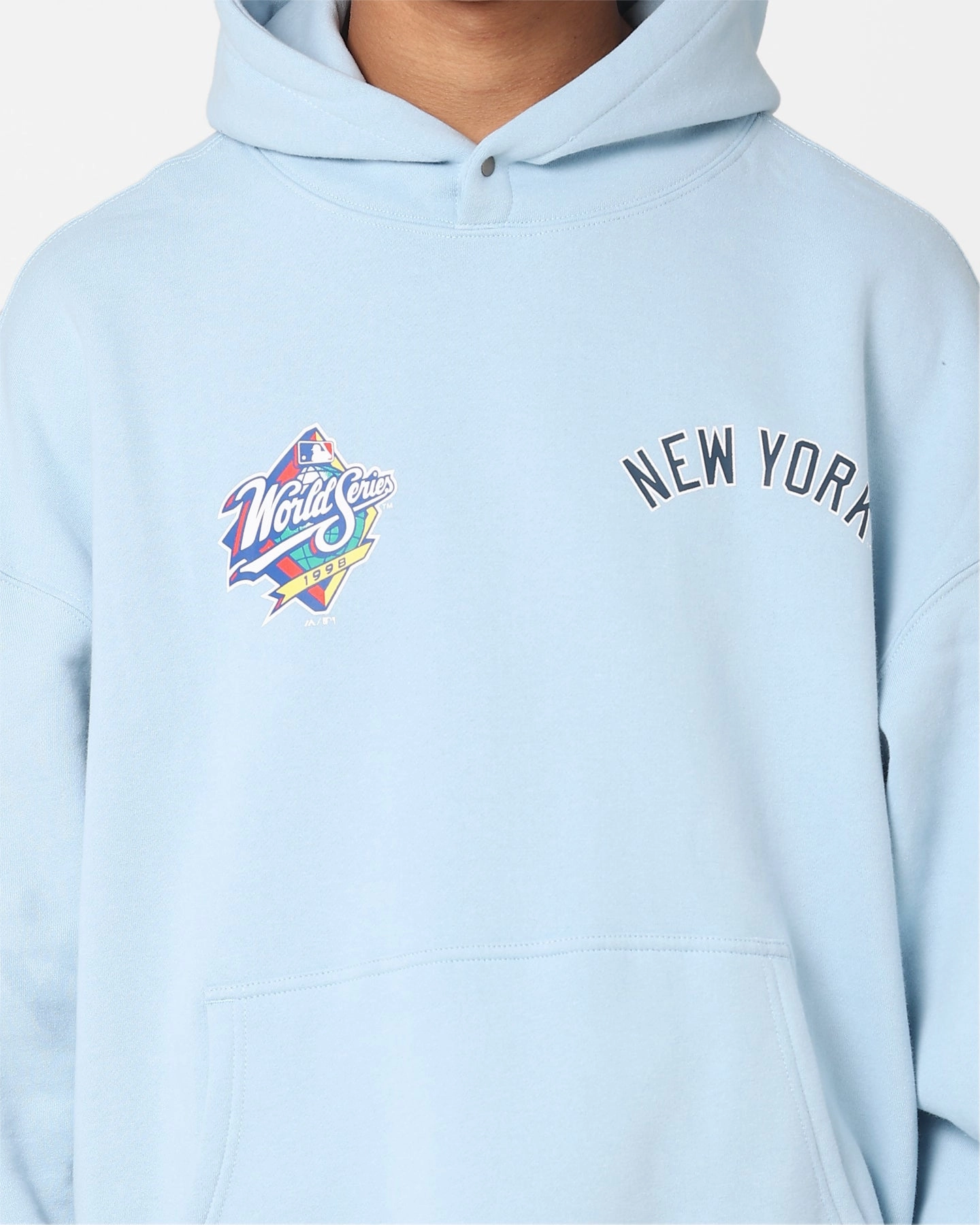 snap closure Majestic Athletic New York Yankees Vintage Athletic Pop Neck Hoodie Glacial Blue