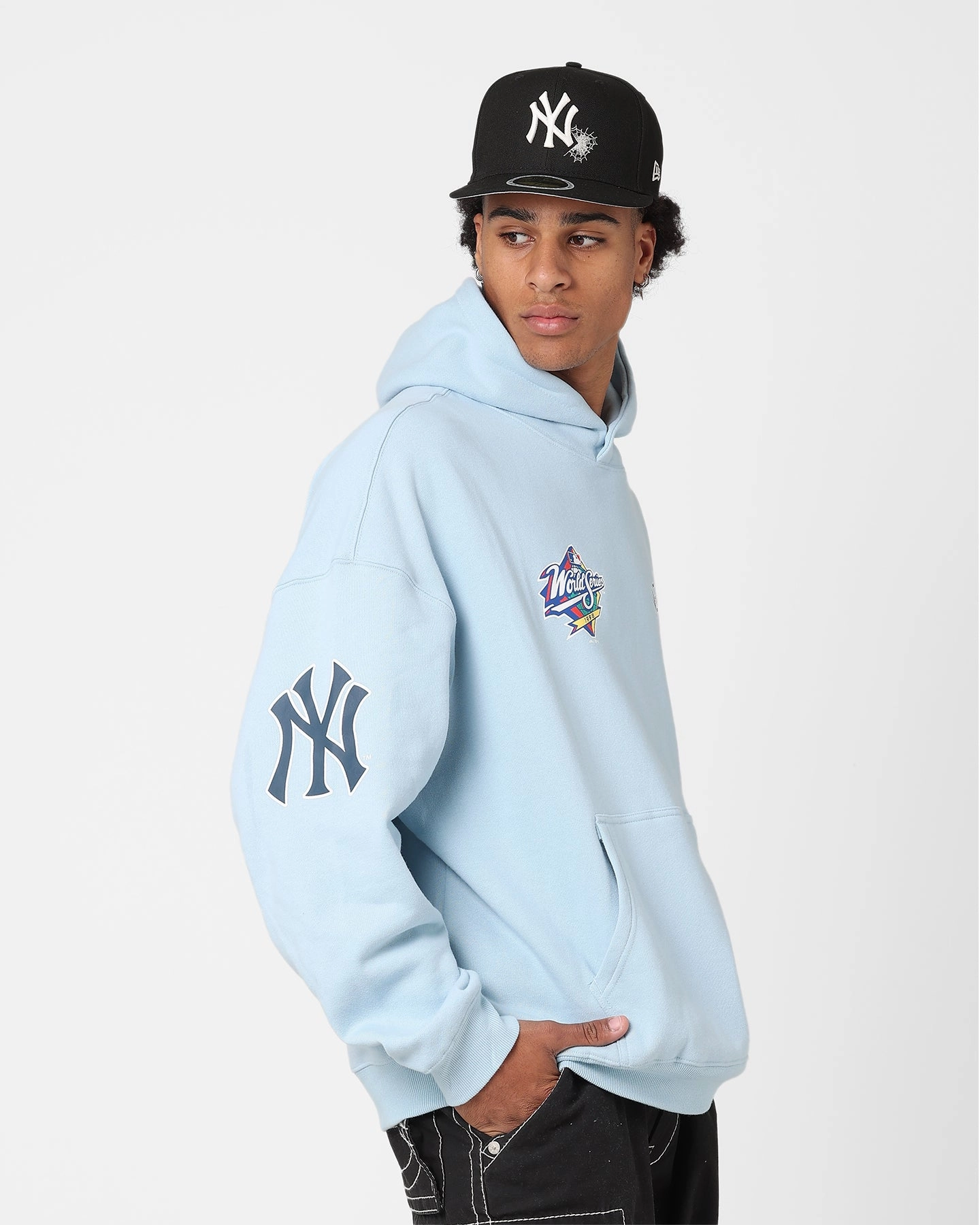 Majestic Athletic New York Yankees Vintage Athletic Pop Neck Hoodie Glacial Blue All Purpose Outerwear V-Neck