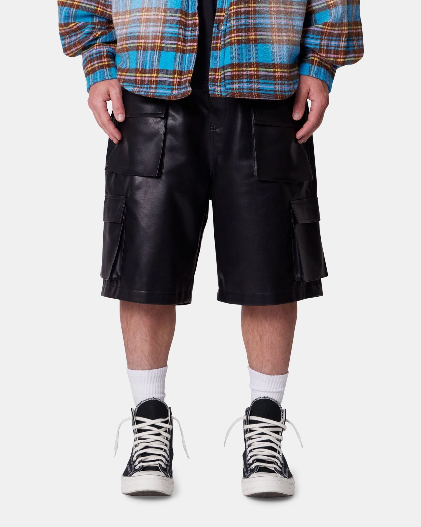 Multi Directional Flex MNML Baggy Vegan Leather Cargo Shorts Black