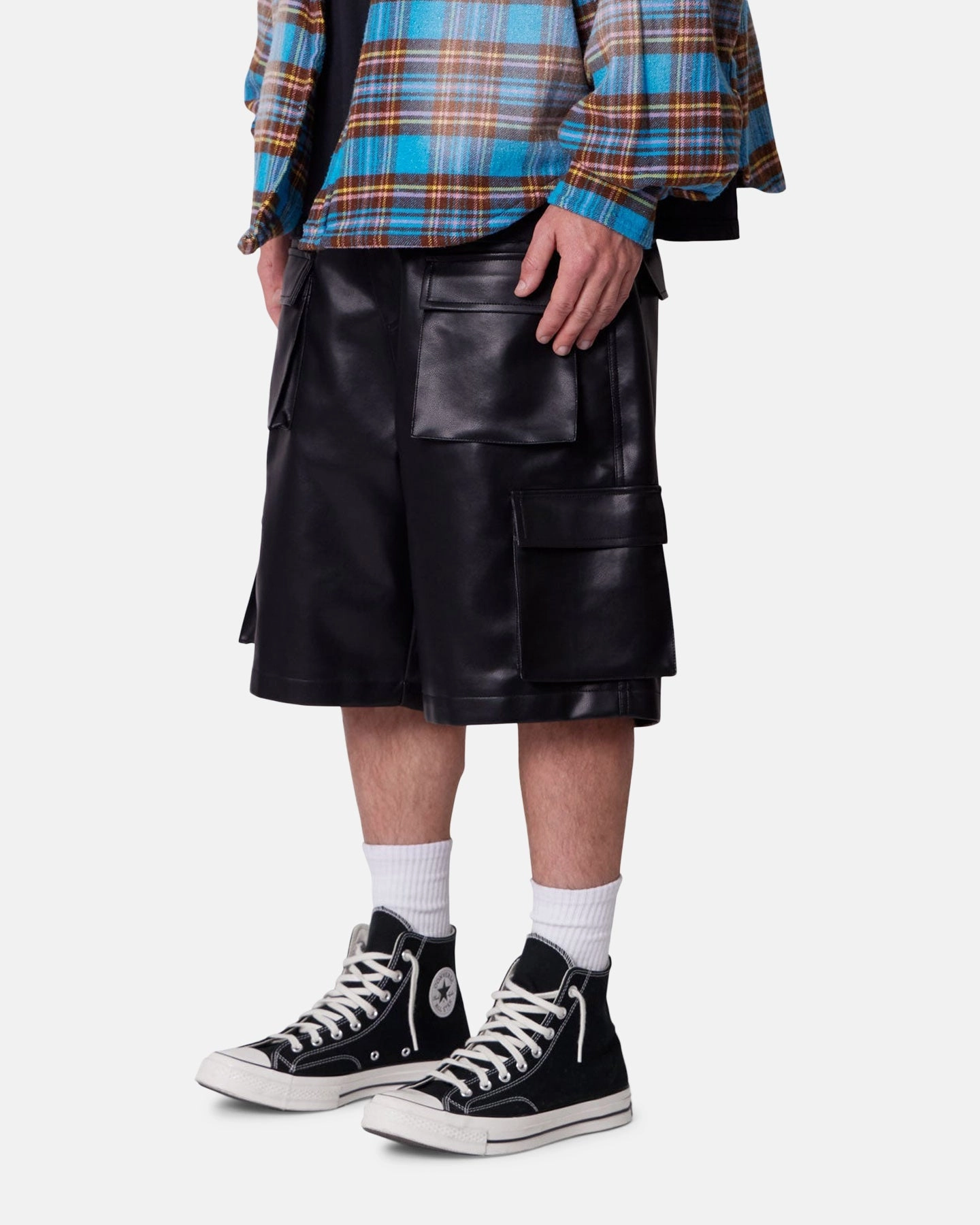 Rubberized Waistband Multi Directional Flex Zones MNML Baggy Vegan Leather Cargo Shorts Black