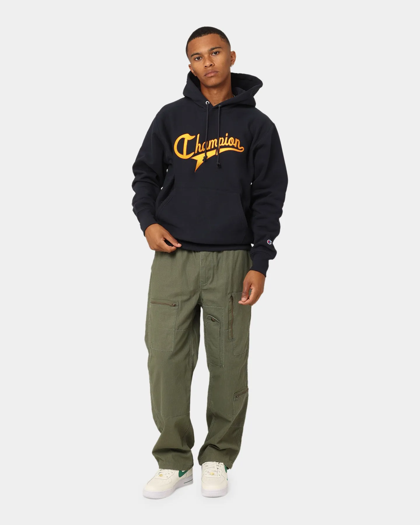 age - appropriate Champion Script Hoodie Navy