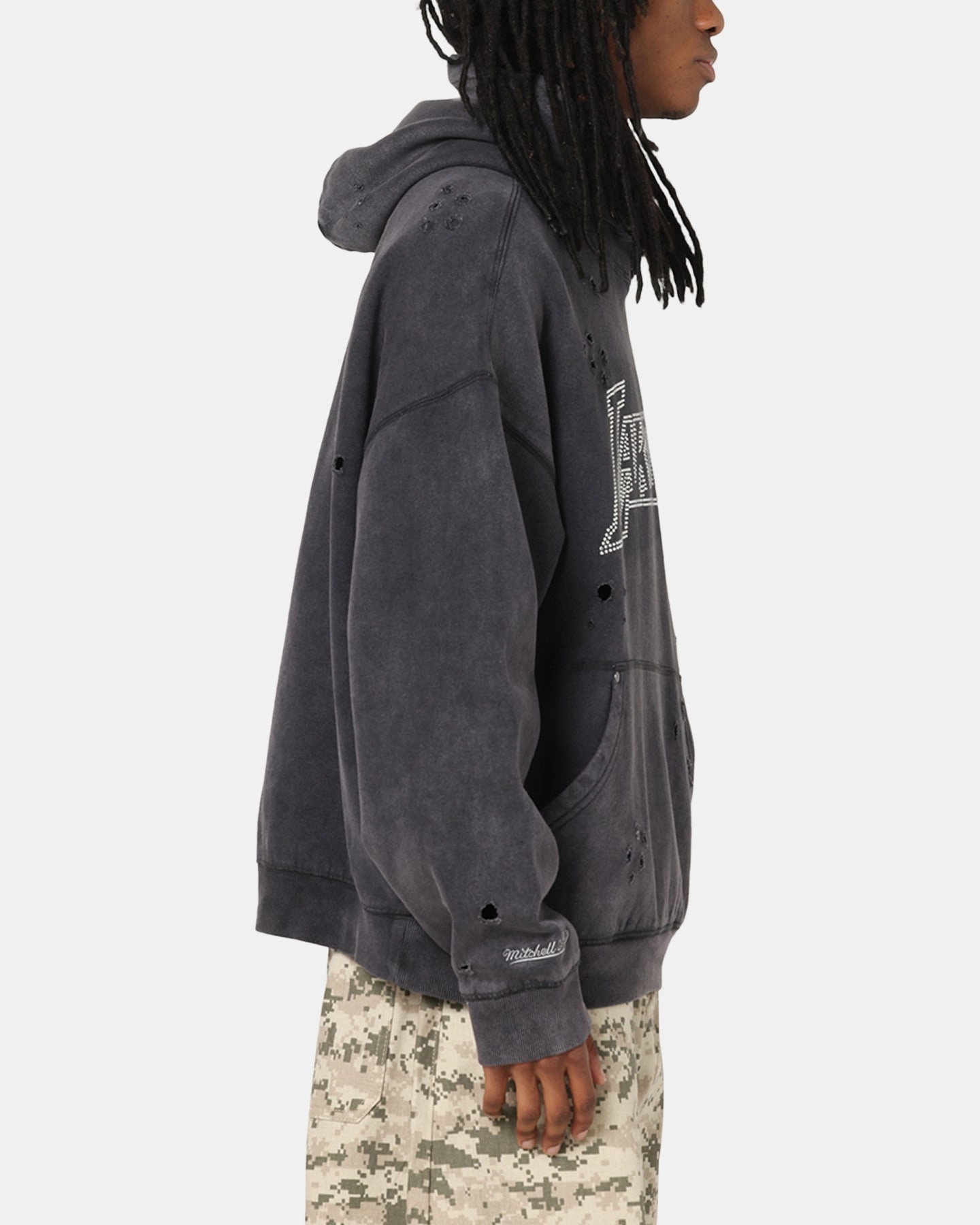 Low Profile Logo Home Office Attire Mitchell & Ness Los Angeles Lakers Distressed Rhinestone Logo Hoodie Faded Black