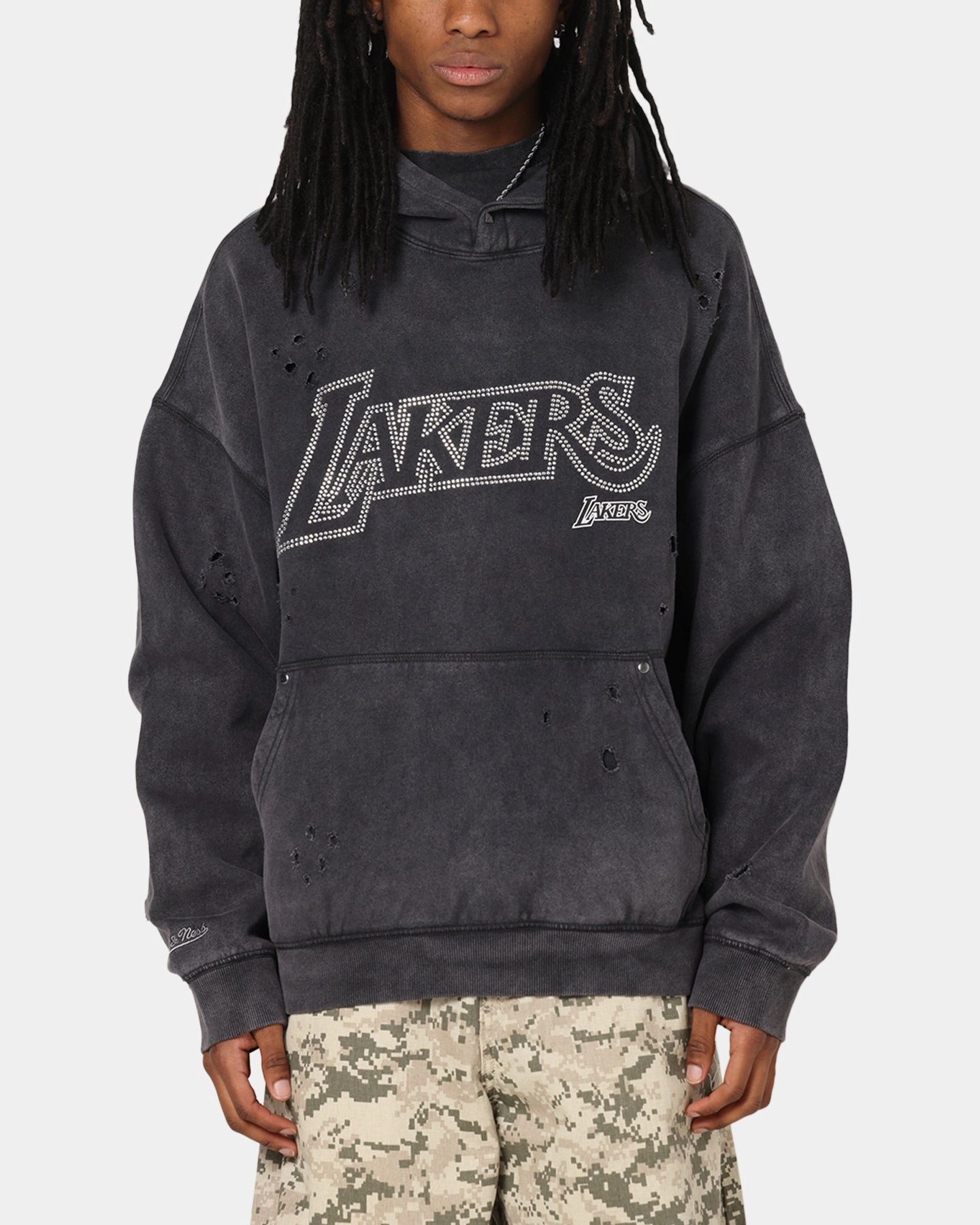 Mitchell & Ness Los Angeles Lakers Distressed Rhinestone Logo Hoodie Faded Black Peccary like