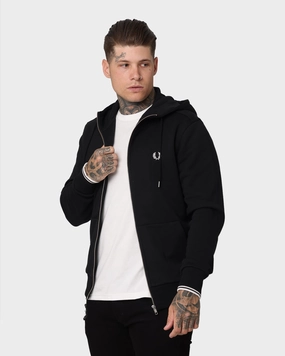 Fred Perry Hooded Zip Through Sweatshirt Black Reinforced Elbow Patches Full length