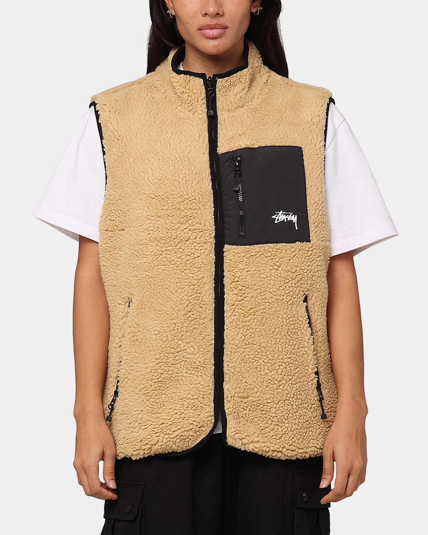 St??ssy 8 Ball Sherpa Reversible Vest Tan Ribbed Knit Cuffs suburban residents