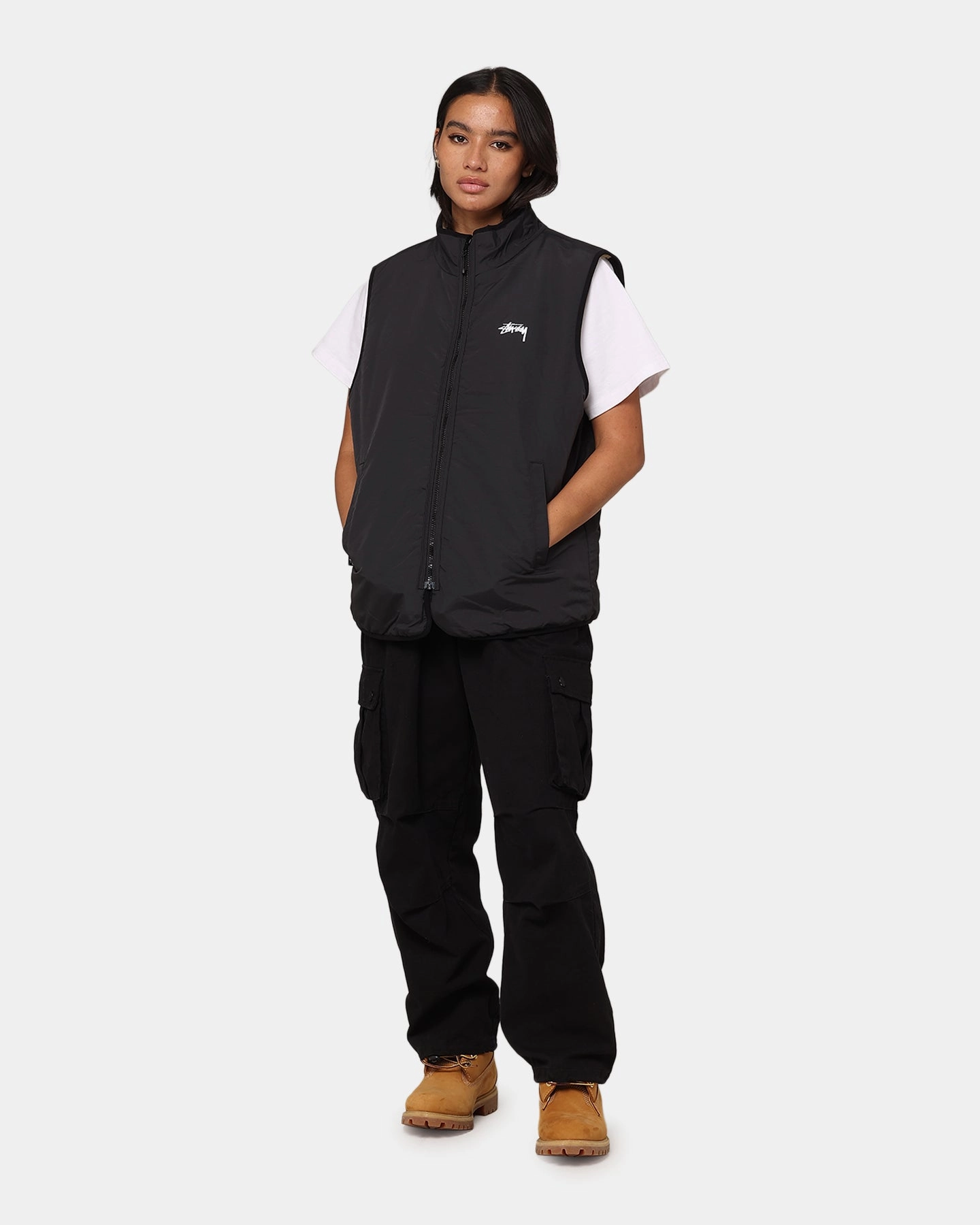 St??ssy 8 Ball Sherpa Reversible Vest Tan NonIrritating Tagless Neck