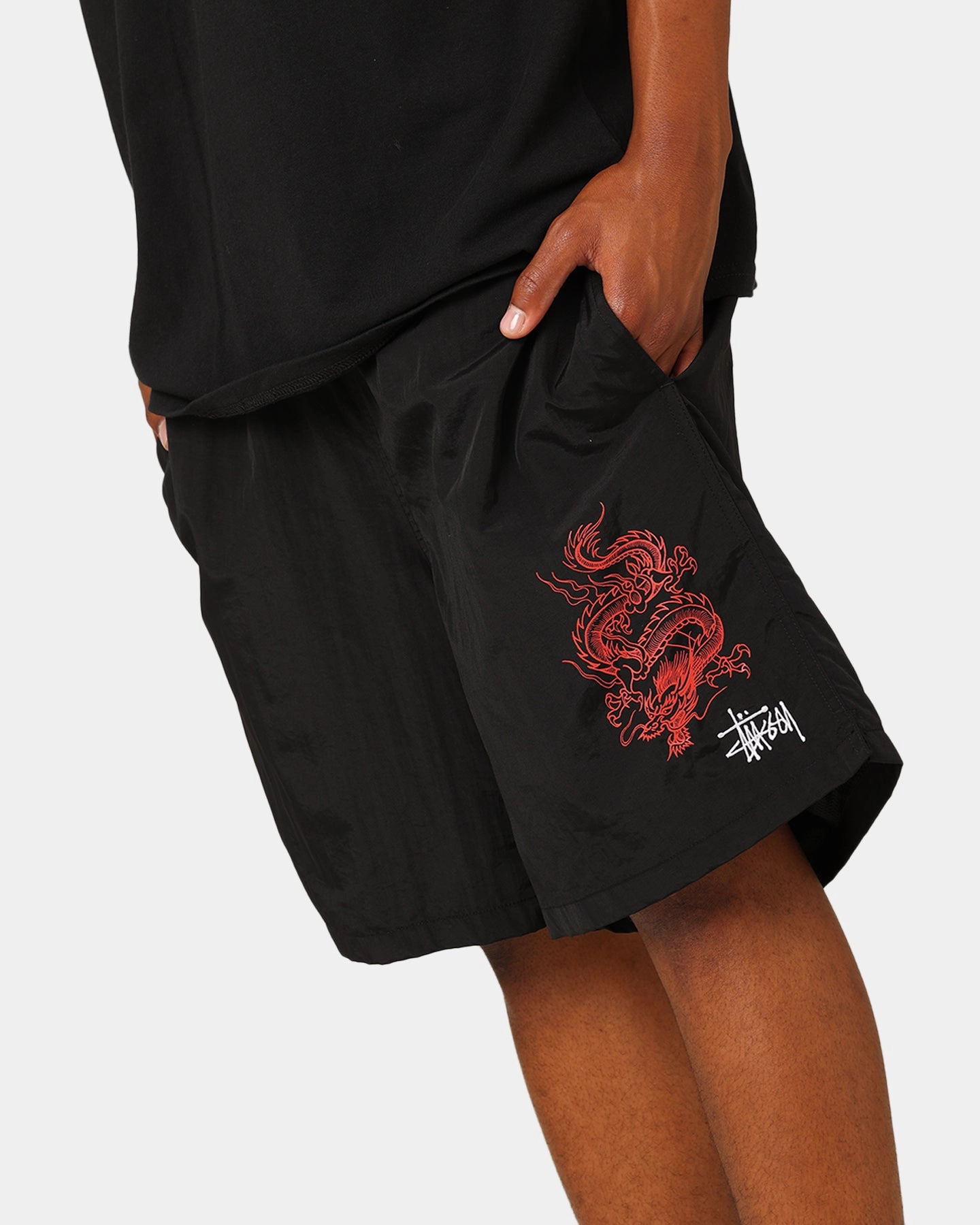 St??ssy Dragon Nylon Shorts Black Flexible Stretch Waist dress shirt