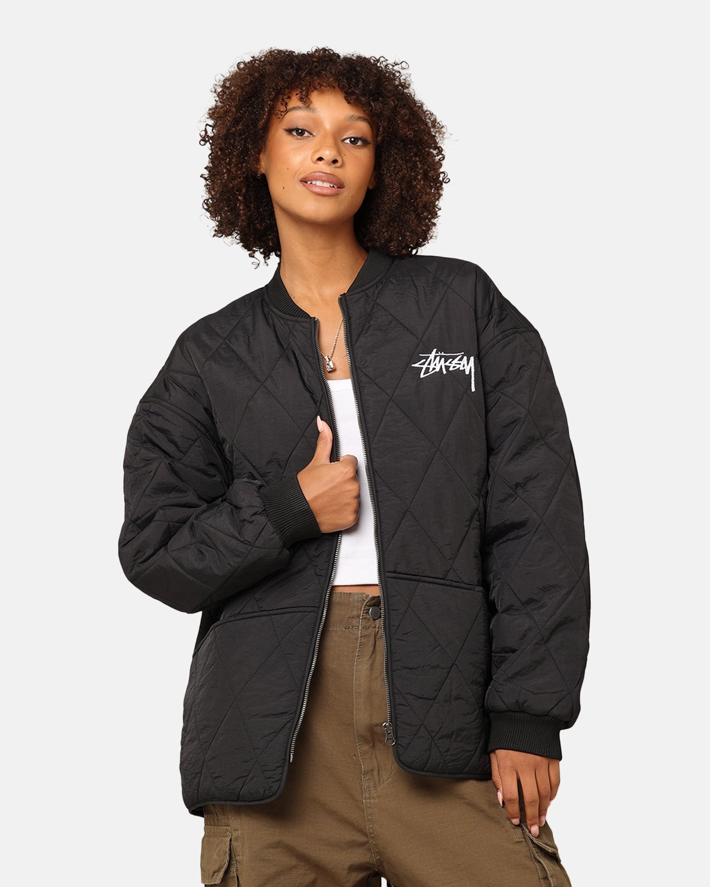 St??ssy Women's 8 Ball Quilted Jacket Black construction workers picnic - goers