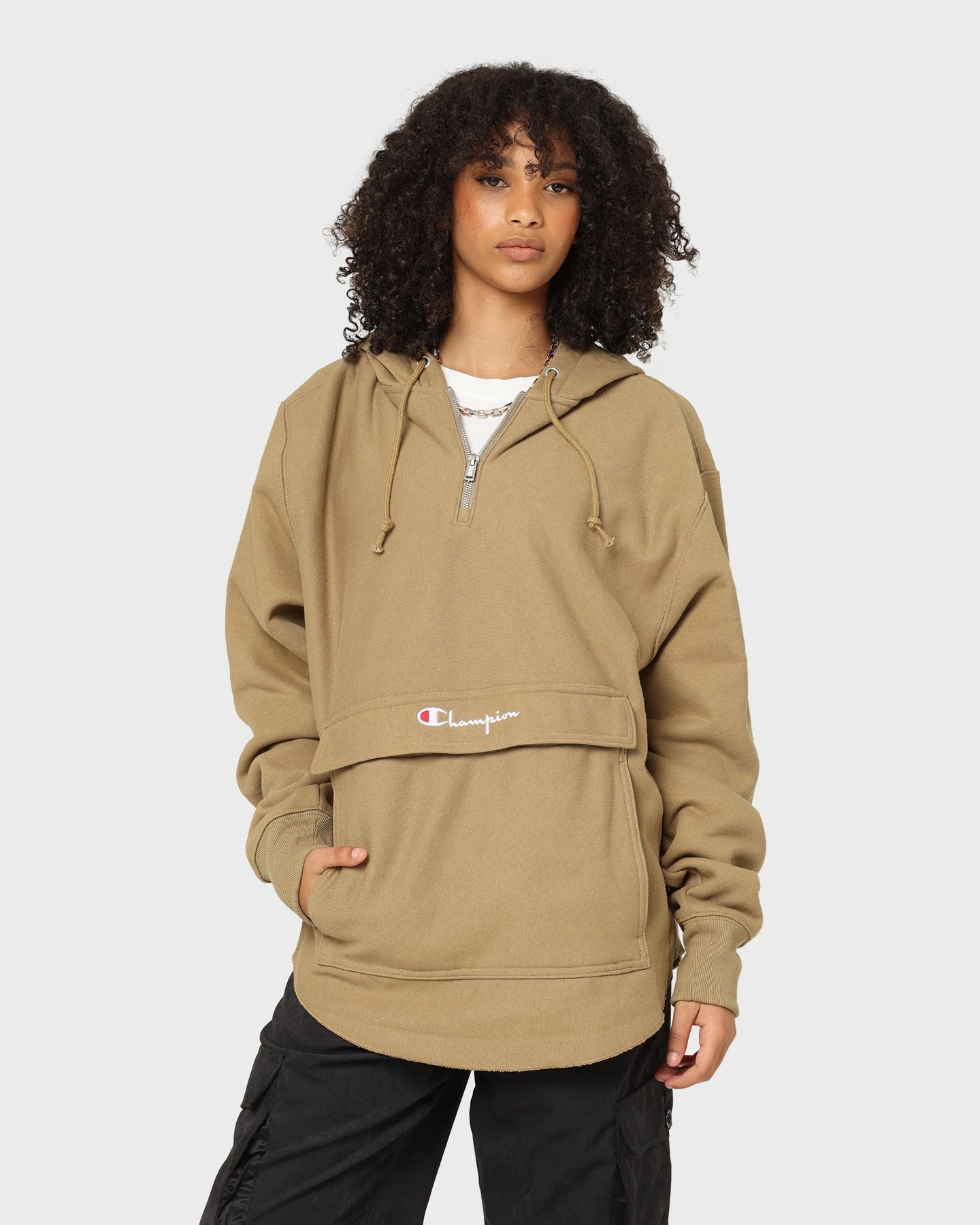 Champion Reverse Weave Boxy Anorak Hoodie Whole Wheat Khaki Brand Name