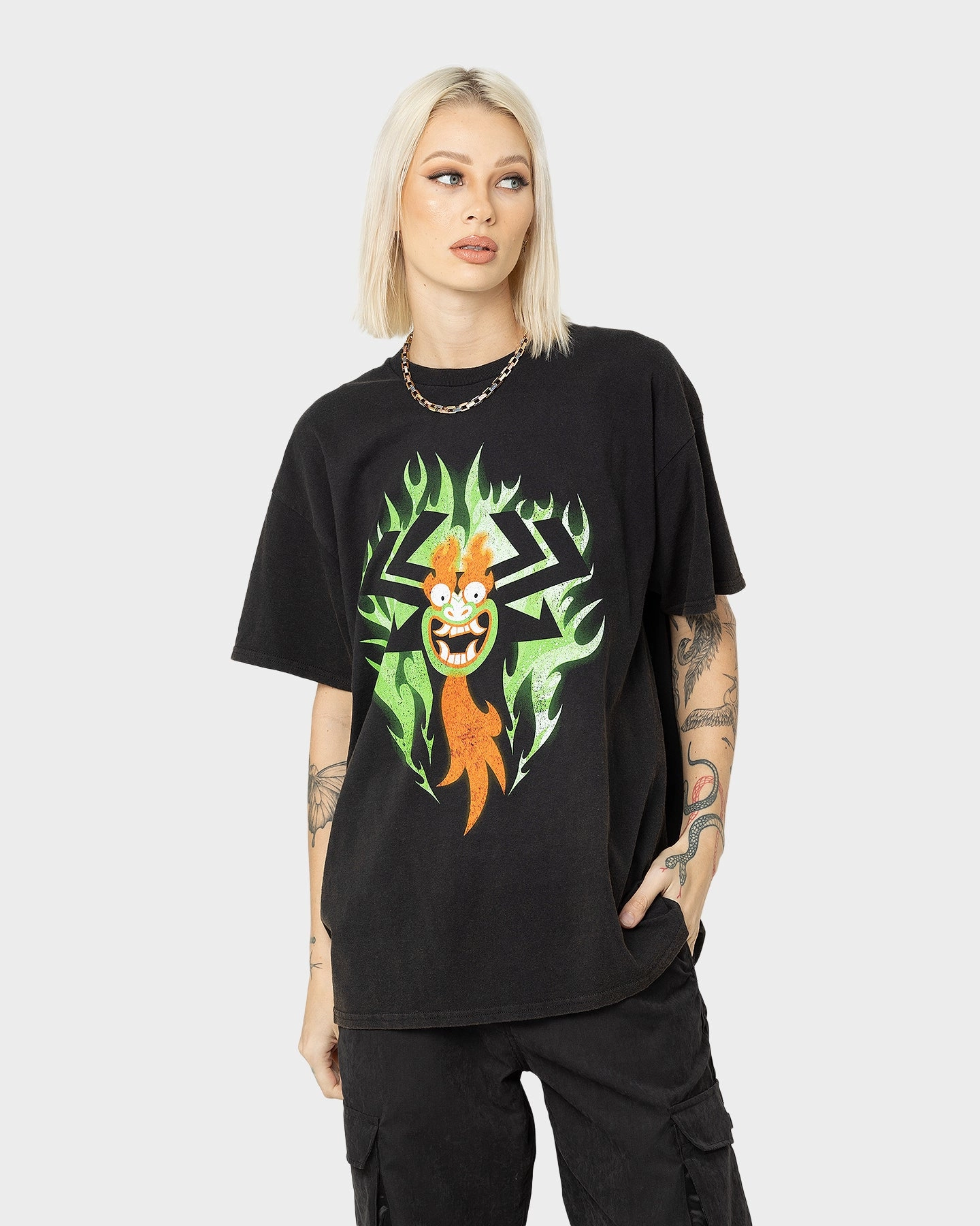 Casual Comfort Fit American Thrift X Samurai Jack Aku T-Shirt Black Wash