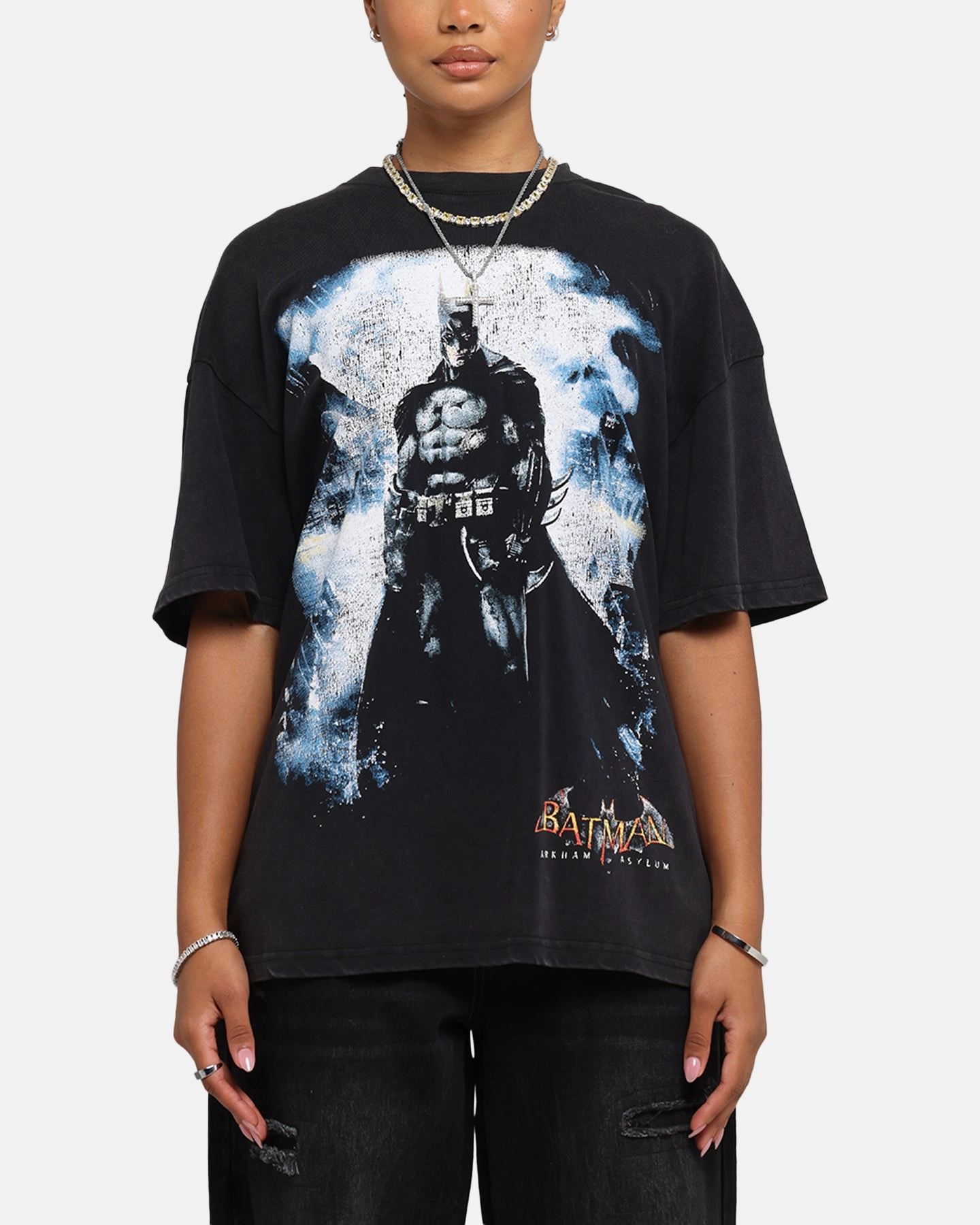 73 Studio X DC Batman Arkham Asylum Vintage T-Shirt Black Acidwash Minimal Style Trend Reinforced Shoulder