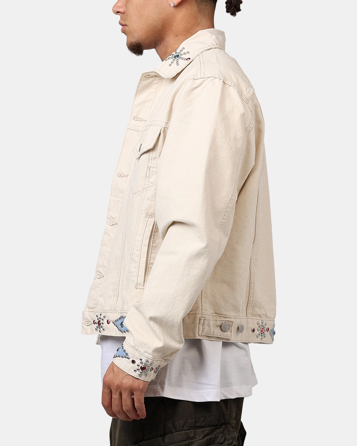 Modular Attachment Points Double Layer Design MNML Jewel Studded Trucker Jacket White