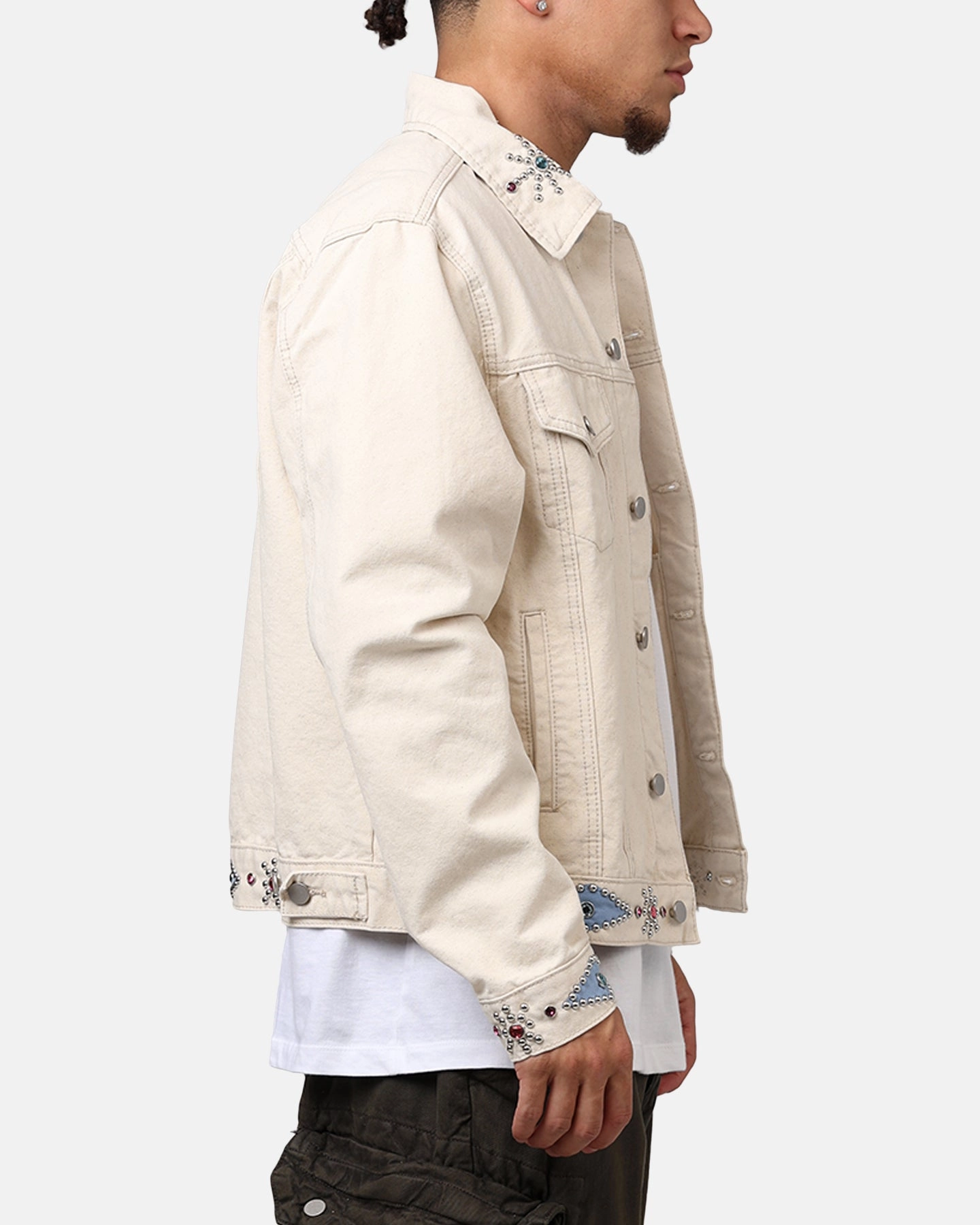 PaddedShoulders Assist MNML Jewel Studded Trucker Jacket White