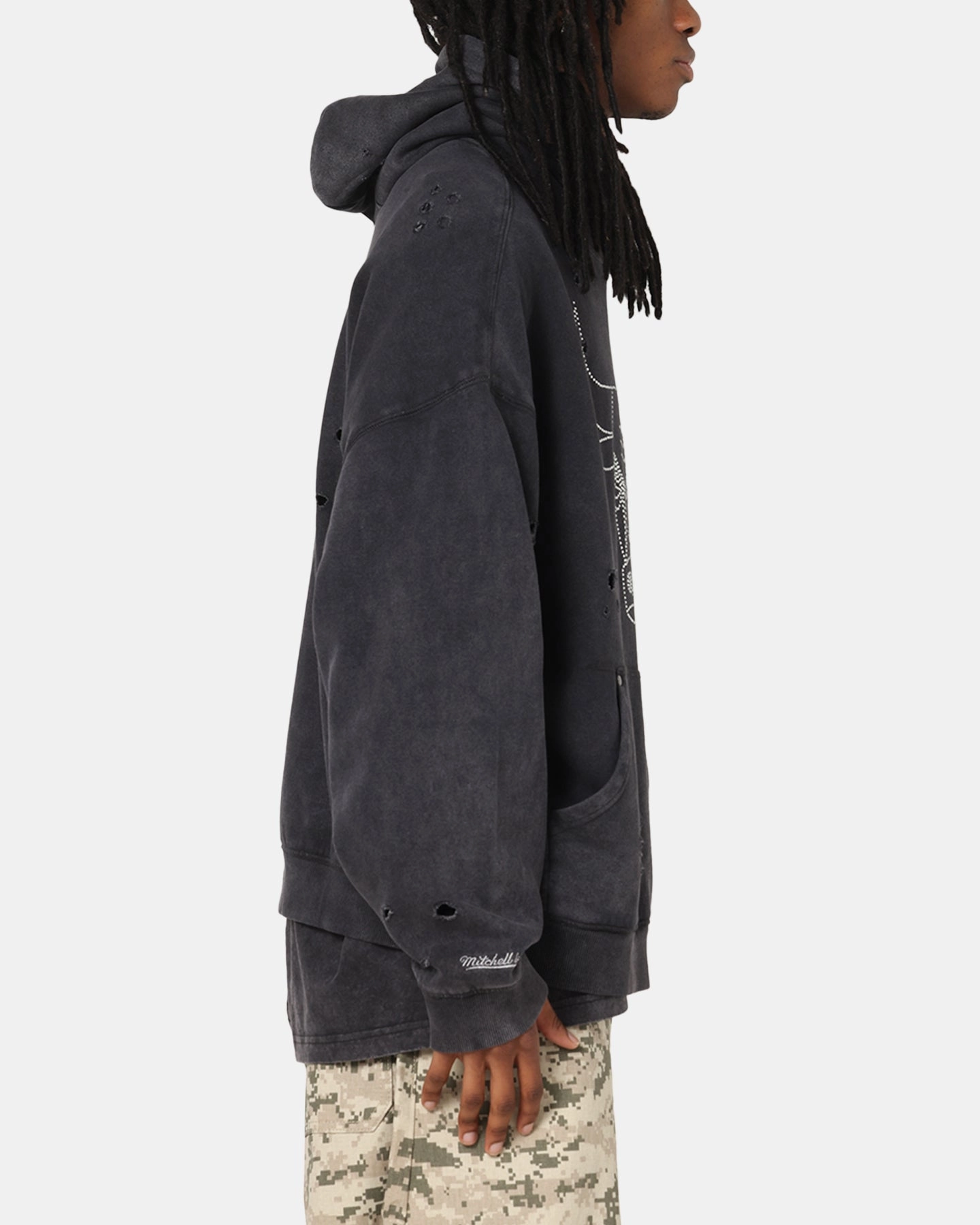 school wear Moisture Wicking Lining Mitchell & Ness Chicago Bulls Distressed Rhinestone Logo Hoodie Faded Black