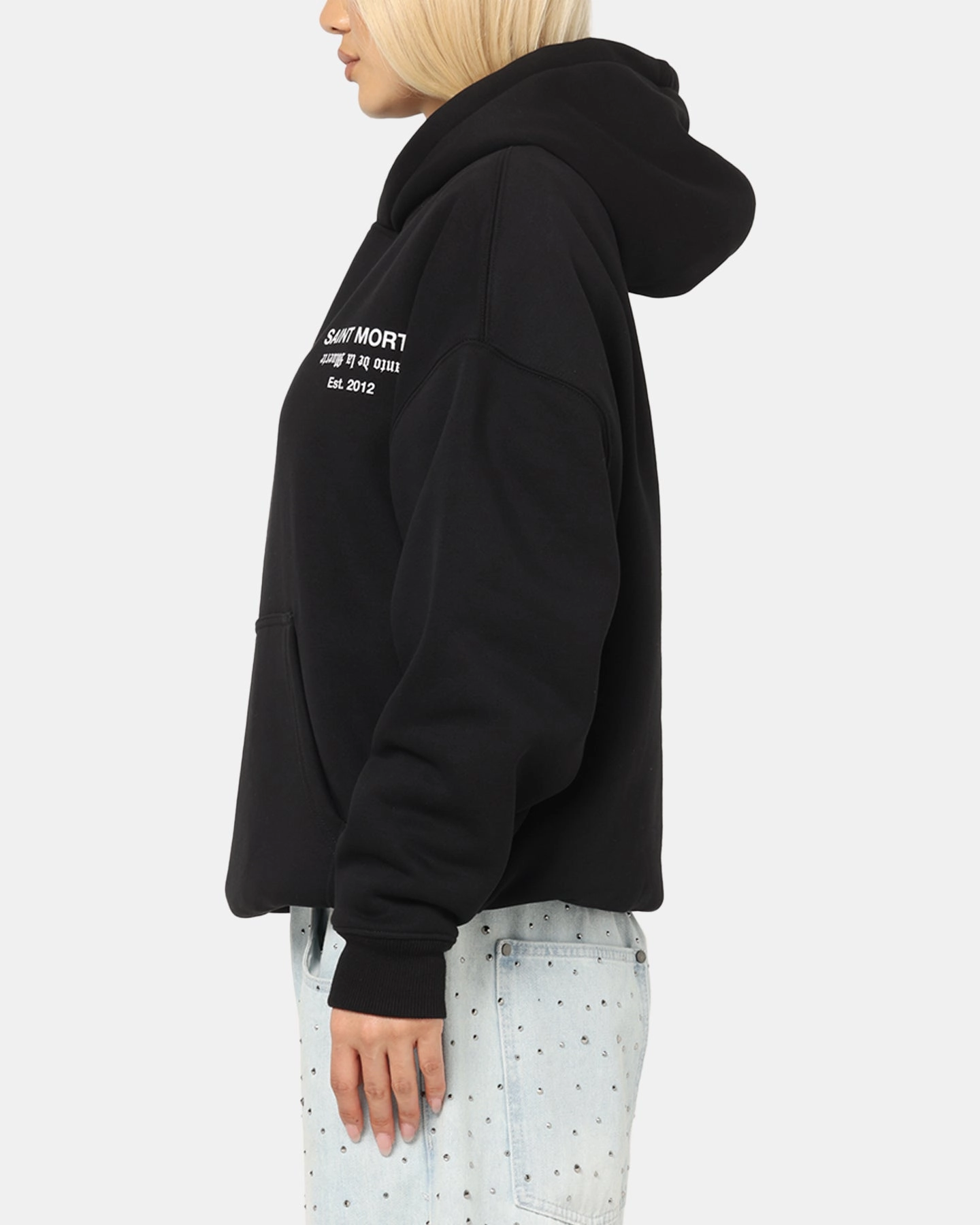 Quick Dry Fabric Gender Neutral Saint Morta Muerte Boxy Hoodie Black