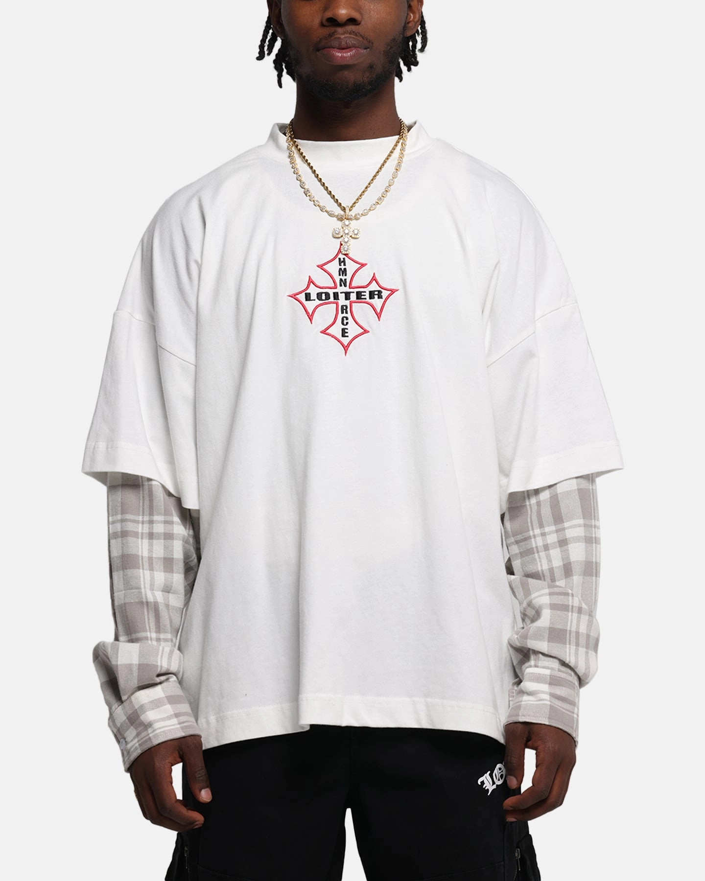 Indoor clothing Breathable Mesh Panels Loiter Layered Flannel T-Shirt Cream