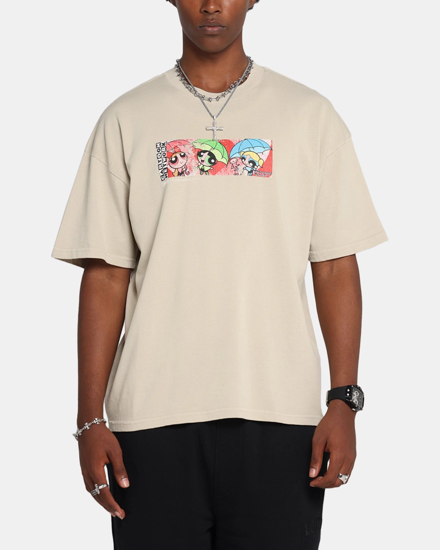 Cozy And Stylish Layering Piece 73 Studio X Cartoon Network The Powerpuff Girls Box Logo Vintage T-Shirt Stone