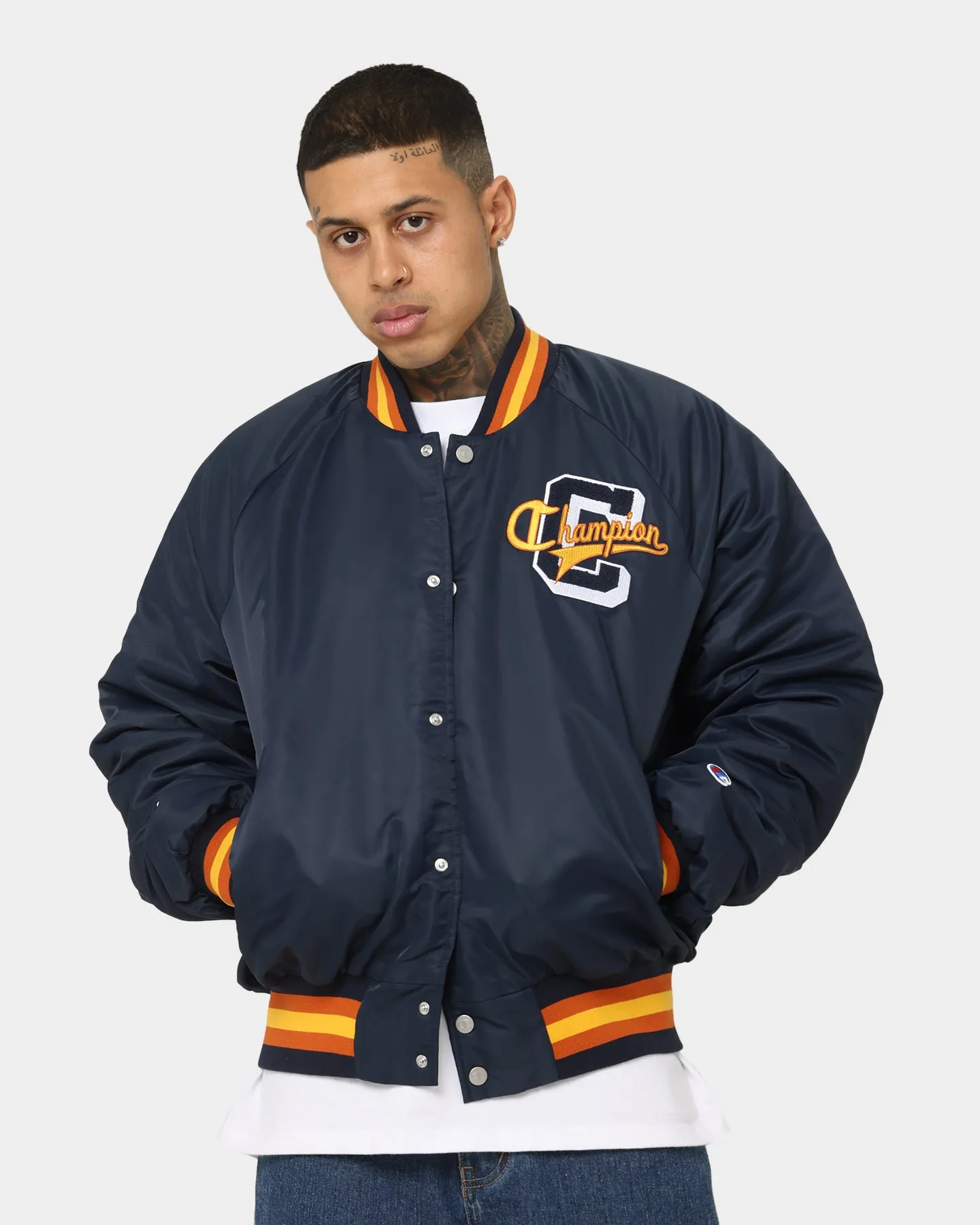 Champion Lifestyle Letterman Jacket Navy Reinforced Elbows Desire