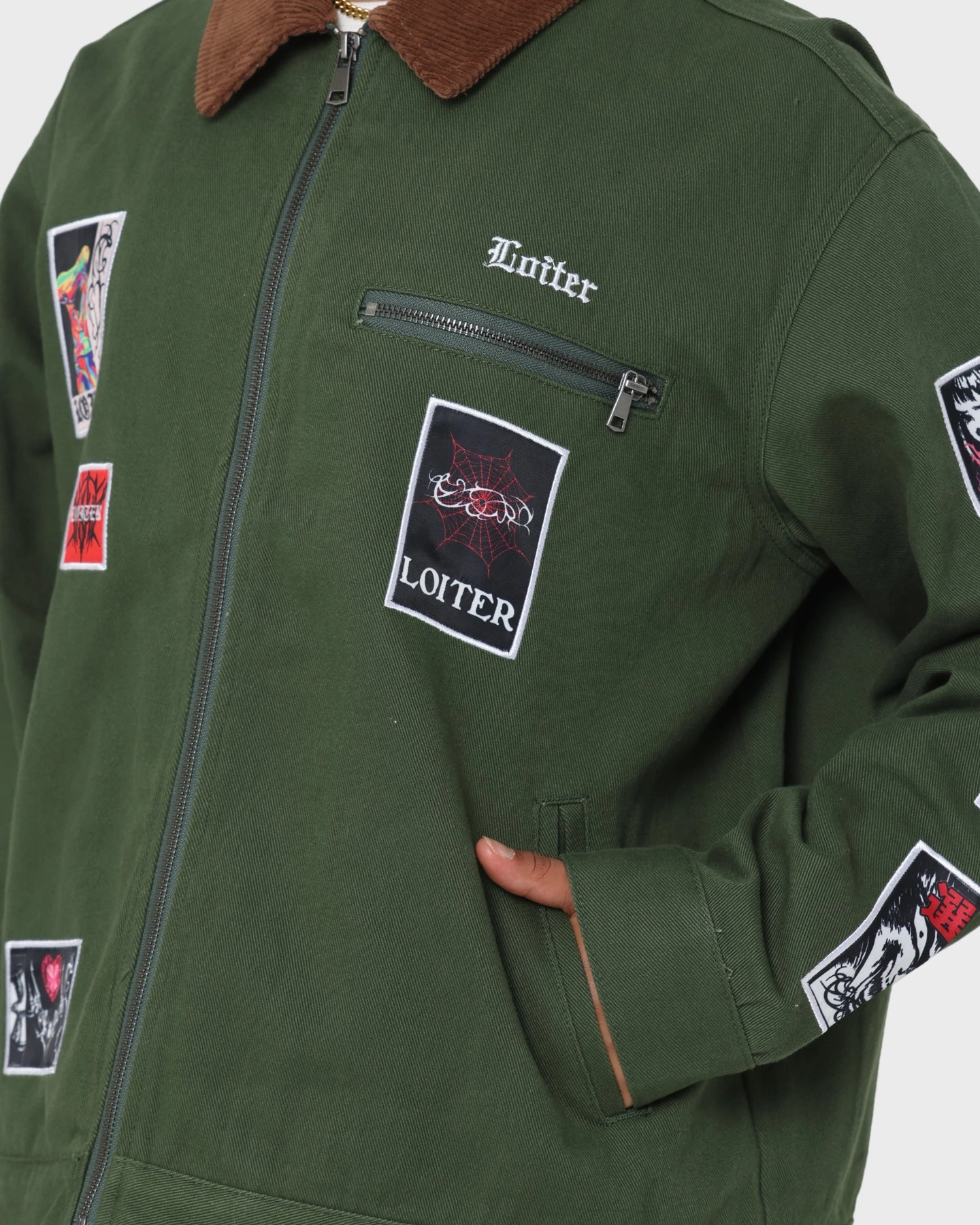 Loiter Patchwork Jacket Green Convertible Collar cloudy