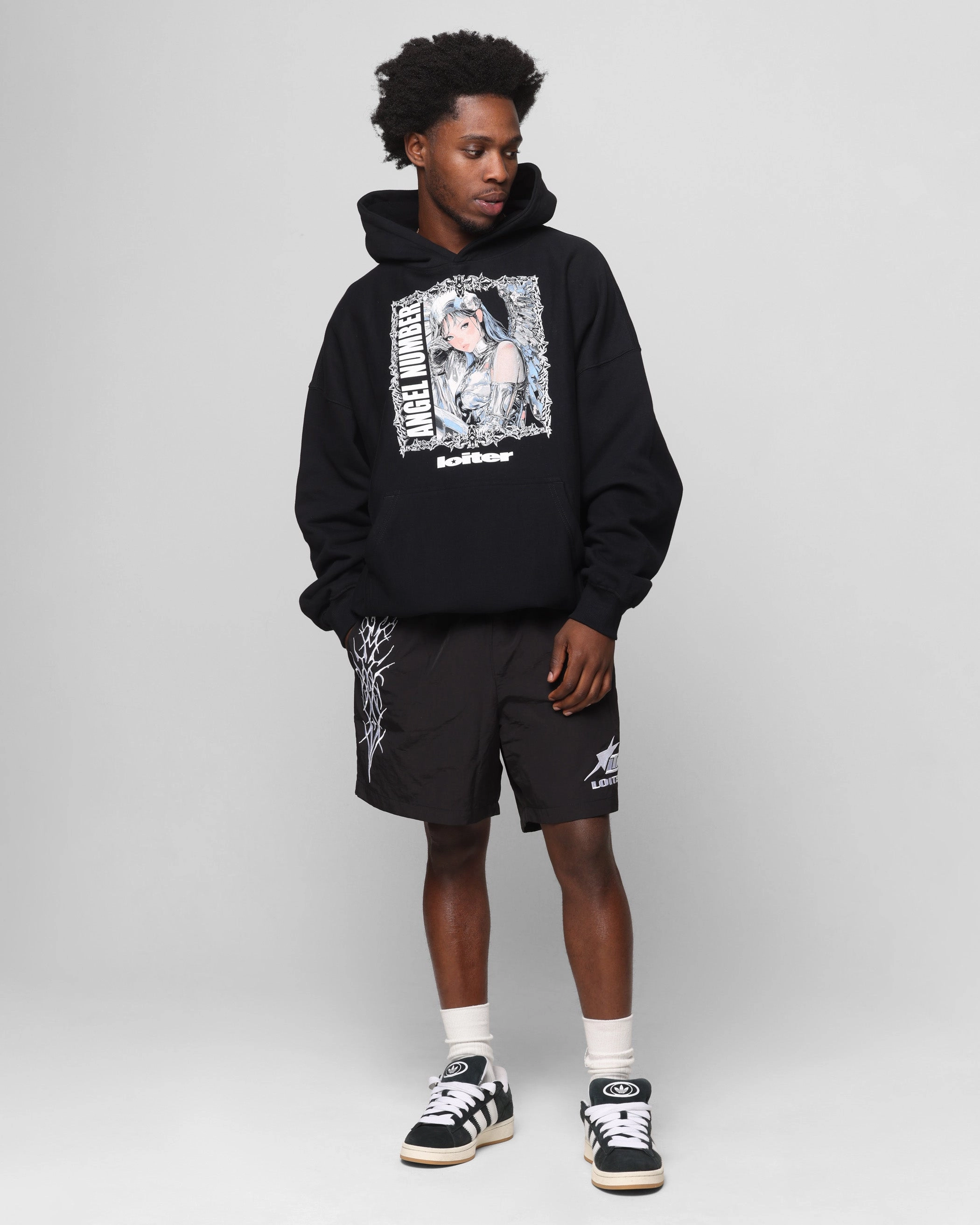 Loiter Angel Number Hoodie Black Reinforced Elbow Patches