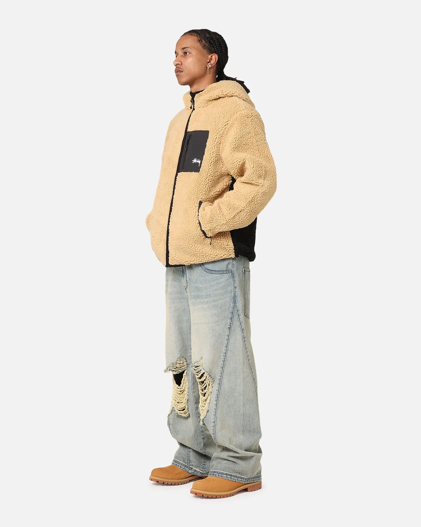 St??ssy 8 Ball Sherpa Reversible Hoodie Tan Winter Layers visibility