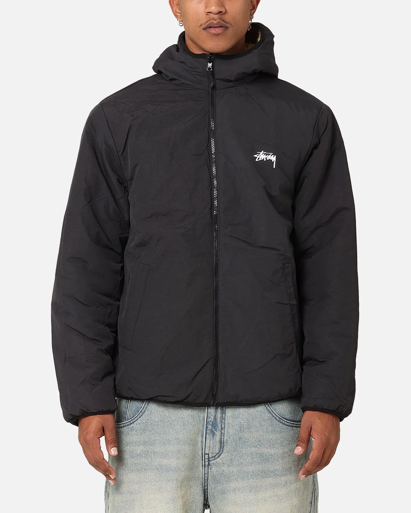 men St??ssy 8 Ball Sherpa Reversible Hoodie Tan