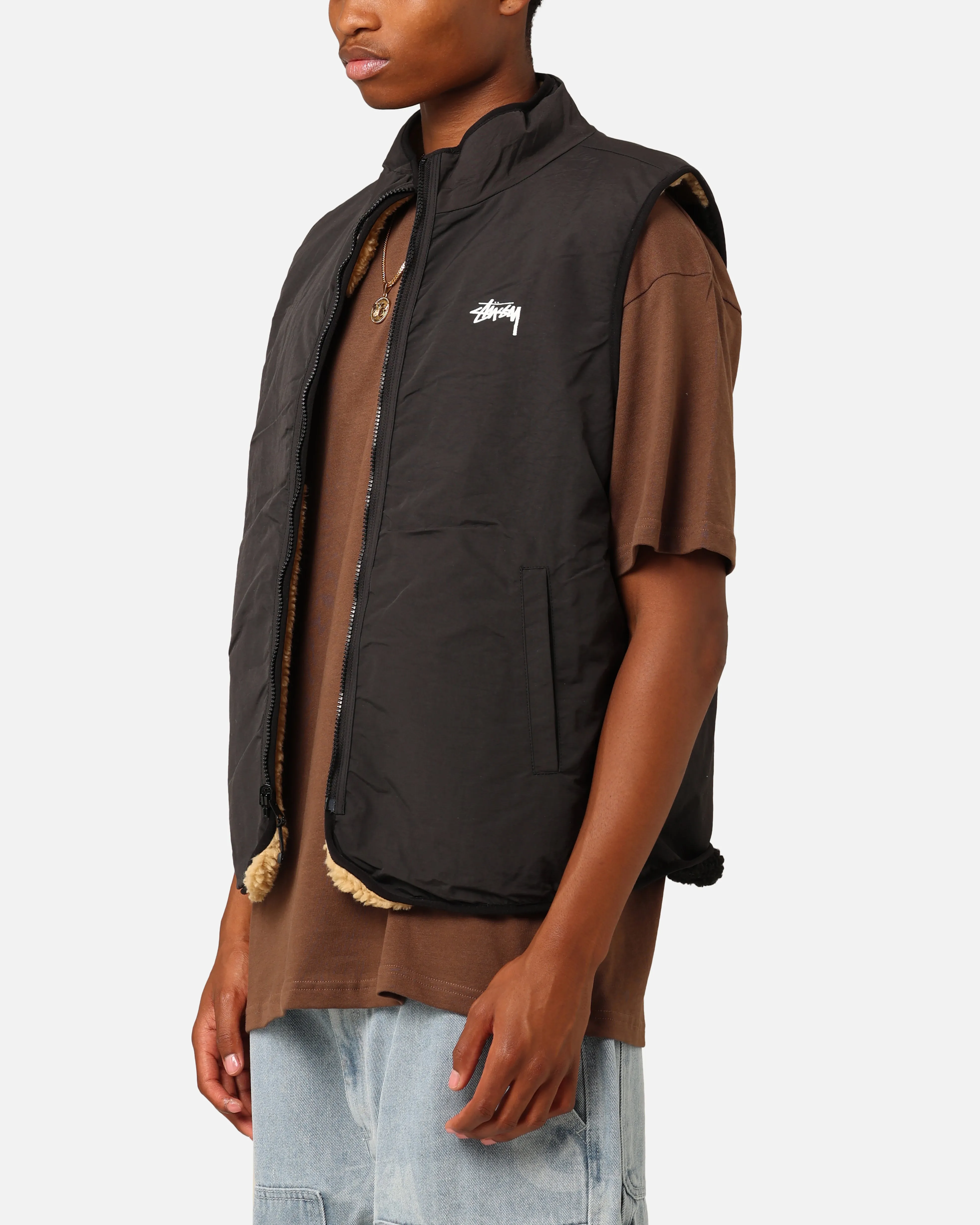 Acknowledge Patchwork St??ssy 8 Ball Sherpa Reversible Vest Tan