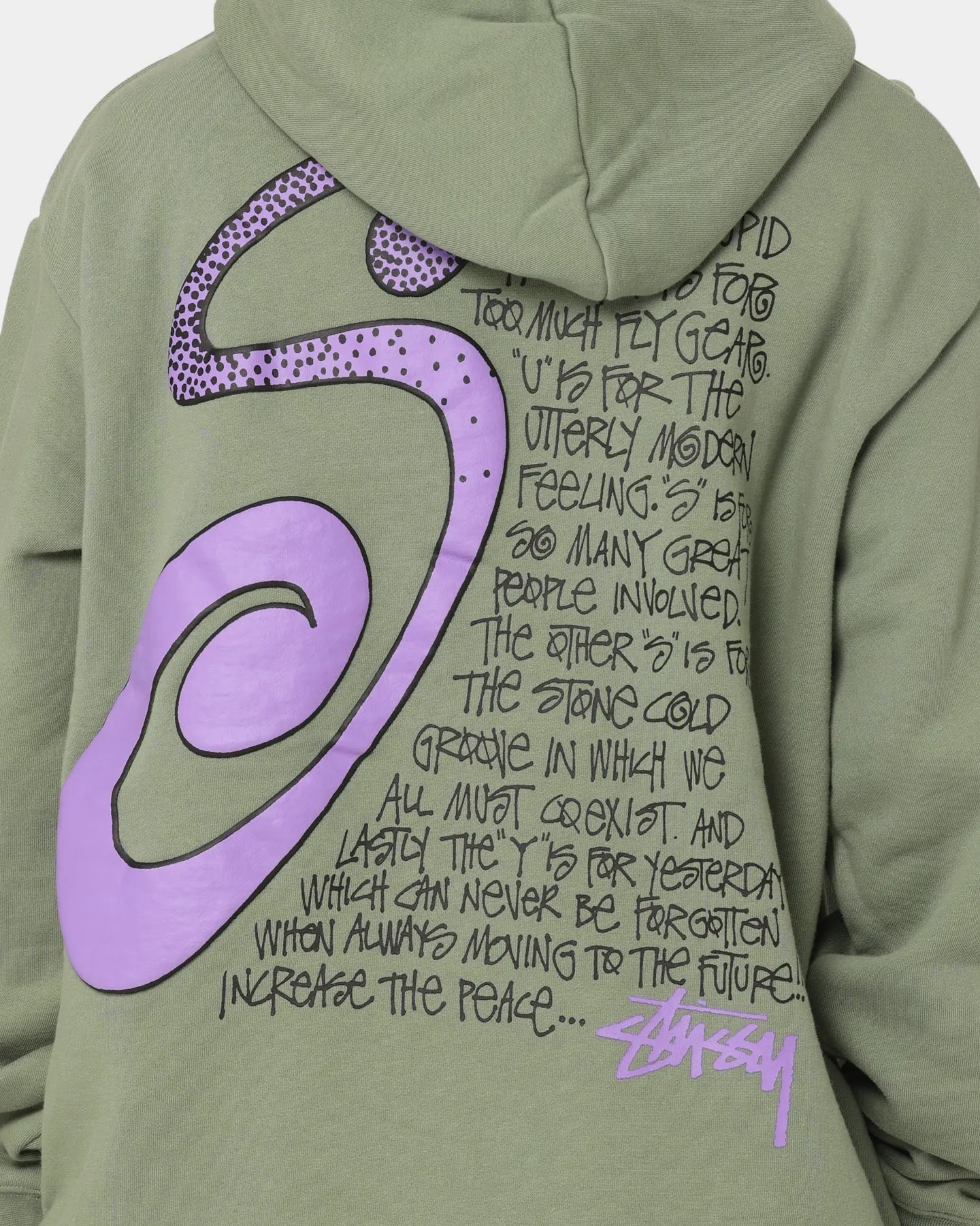 Stussy S IS Hoodie Faded Green Fleece Lined Interior