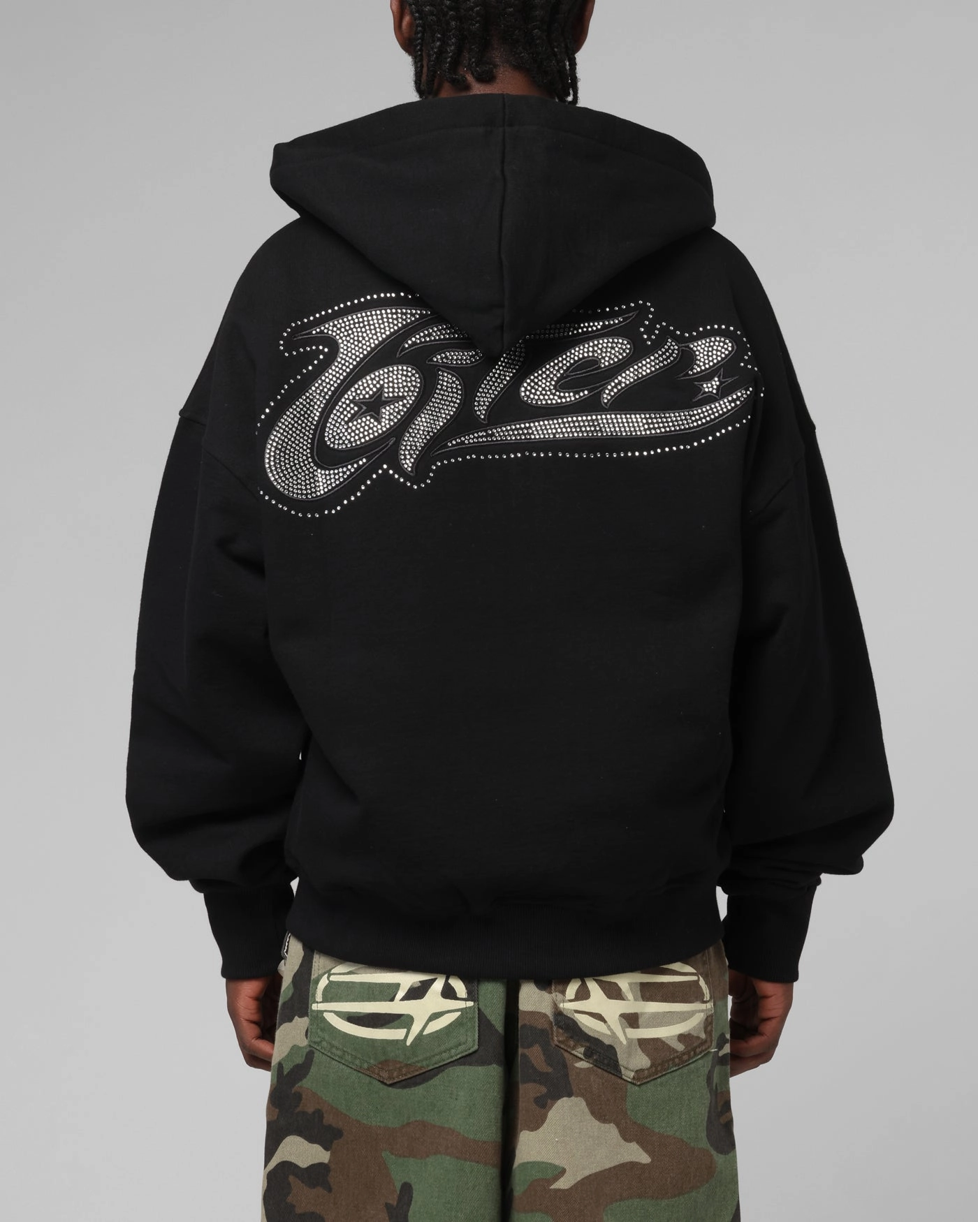 Athletic Fit Loiter Weezy Rhinestone Zip Hoodie Black