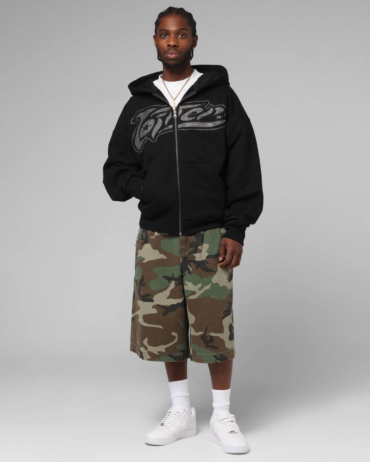 Loiter Weezy Rhinestone Zip Hoodie Black Hooded Winter Shield