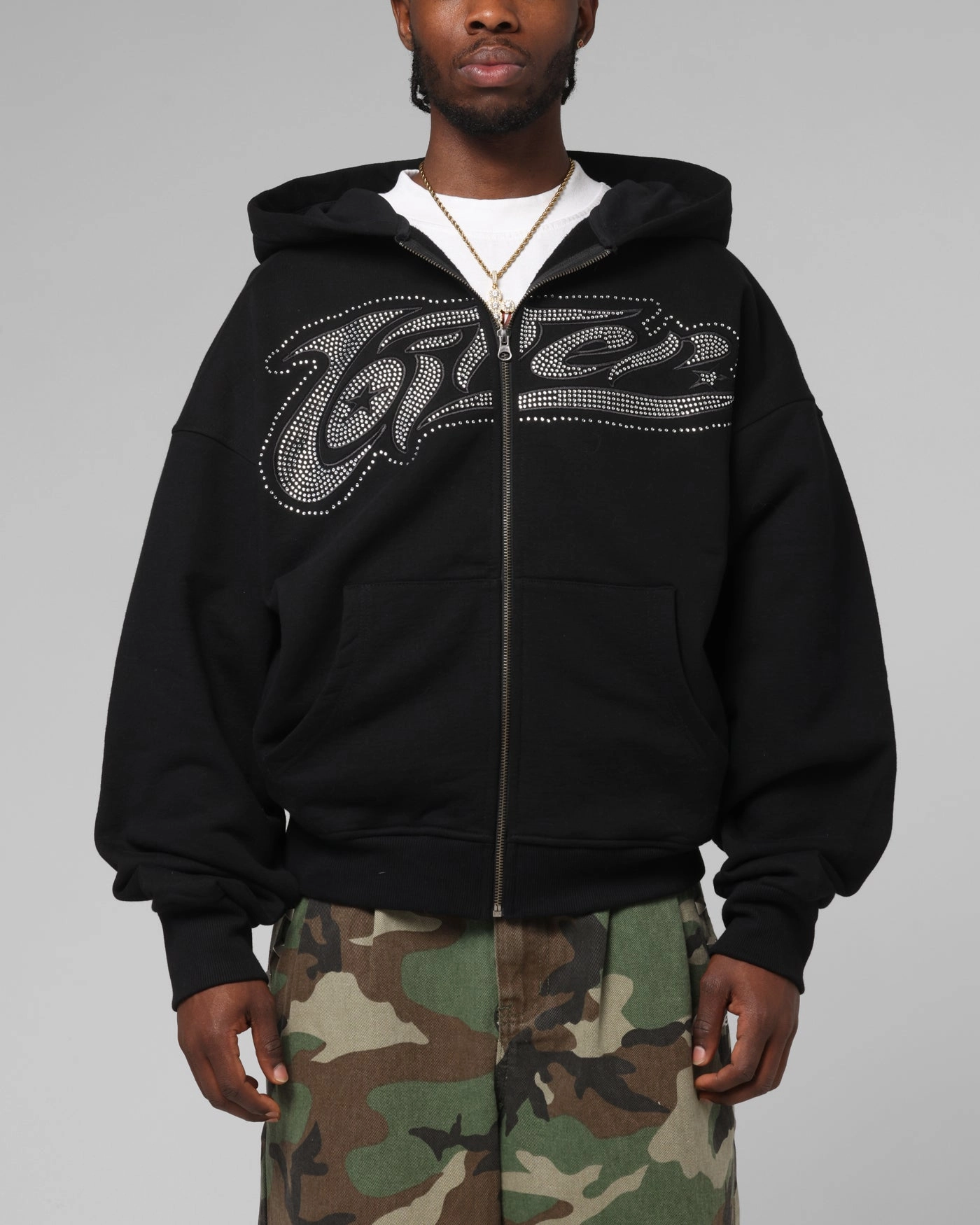 Loiter Weezy Rhinestone Zip Hoodie Black Travel Light Smooth Zipper Action