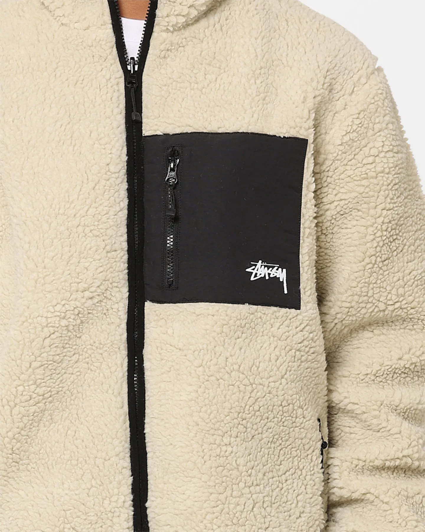 Stussy Ball Fleece Reversible Jacket Cream/Black Multi Panel Construction Light Insulation