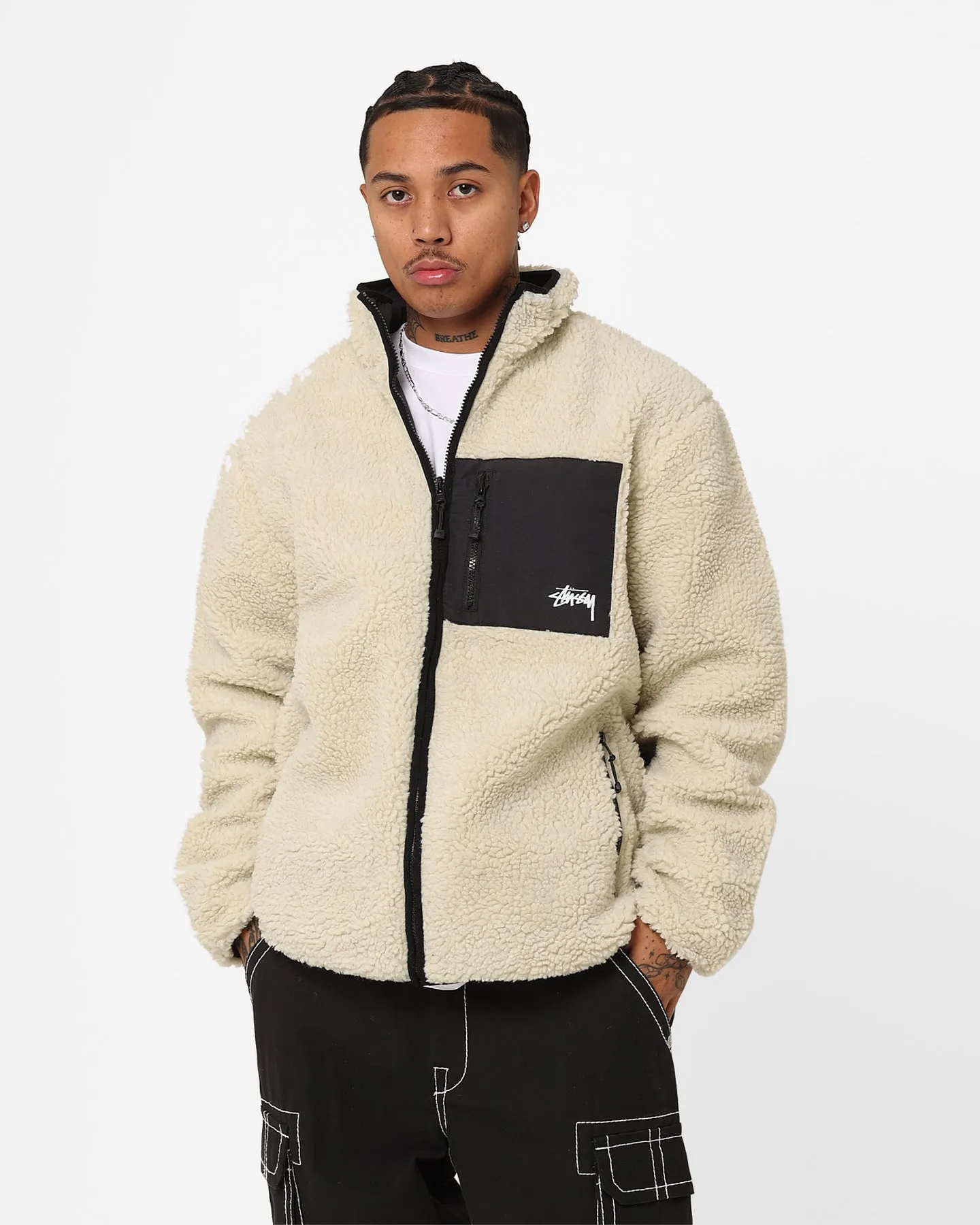 Stussy Ball Fleece Reversible Jacket Cream/Black Frictionless Cuffs Bonded Zippers