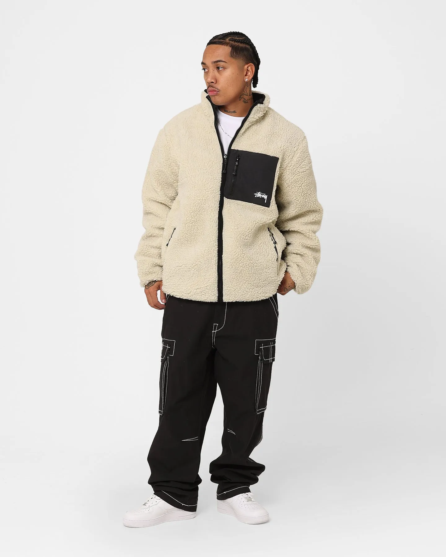 Travel Layer Quilted Inner Layer Stussy Ball Fleece Reversible Jacket Cream/Black